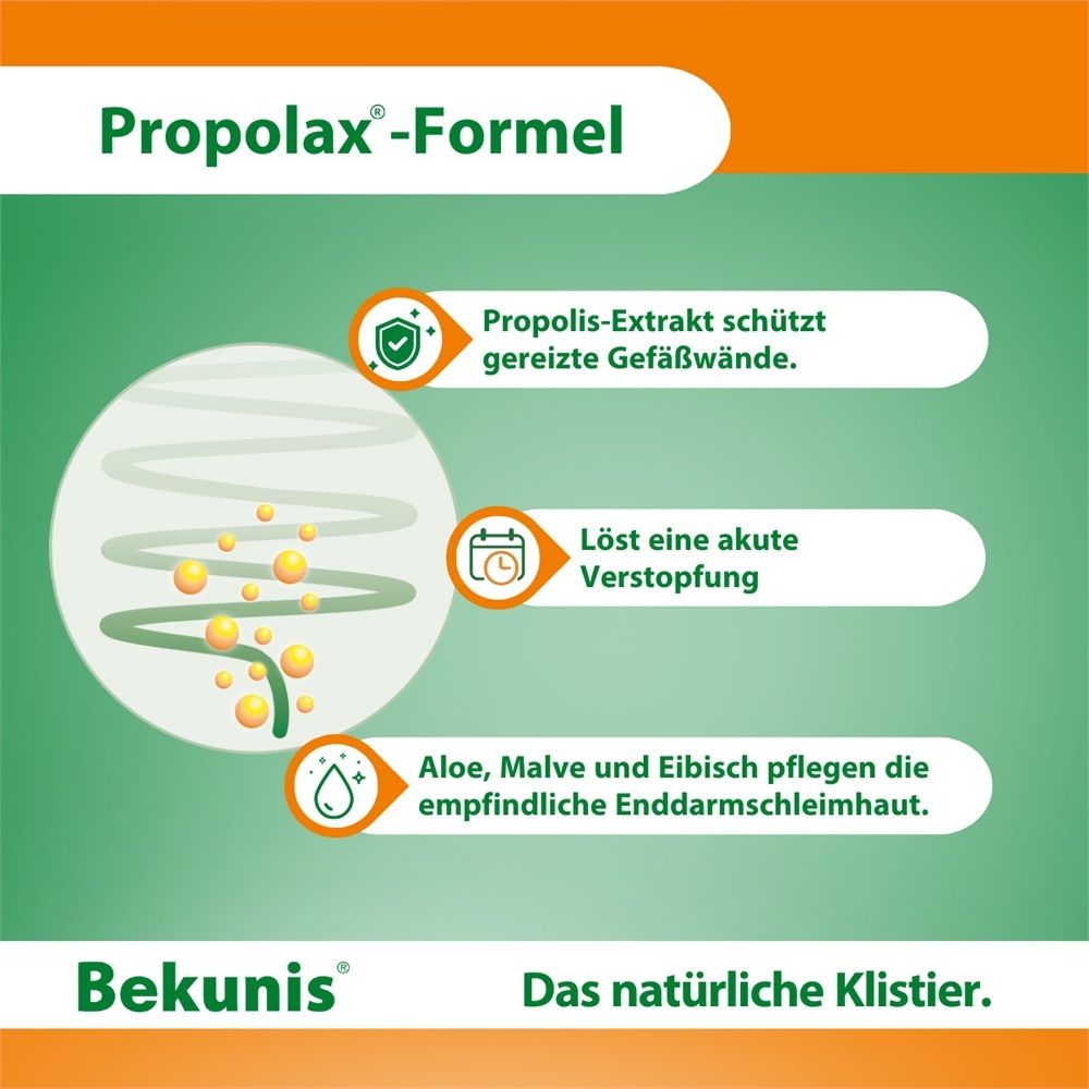 Bekunis Propolax®-Formel: Propolis schützt, Aloe/Malve/Eibisch pflegen. Löst Verstopfung.