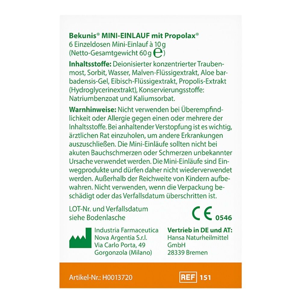 Bekunis MINI-EINLAUF mit Propolax®: 6 Einzeldosen à 10g. Inhaltsstoffe: Traubenmost, Sorbit, Aloe, Propolis.