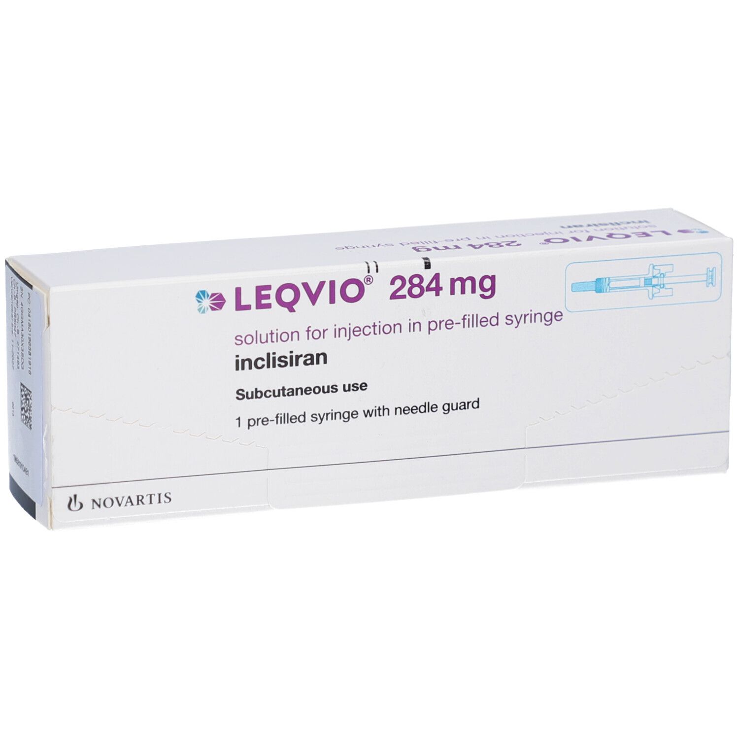 LEQVIO 284 mg Injektionslösung-Verpackung. Enthält eine Fertigspritze mit Nadelschutz. Subkutane Anwendung.