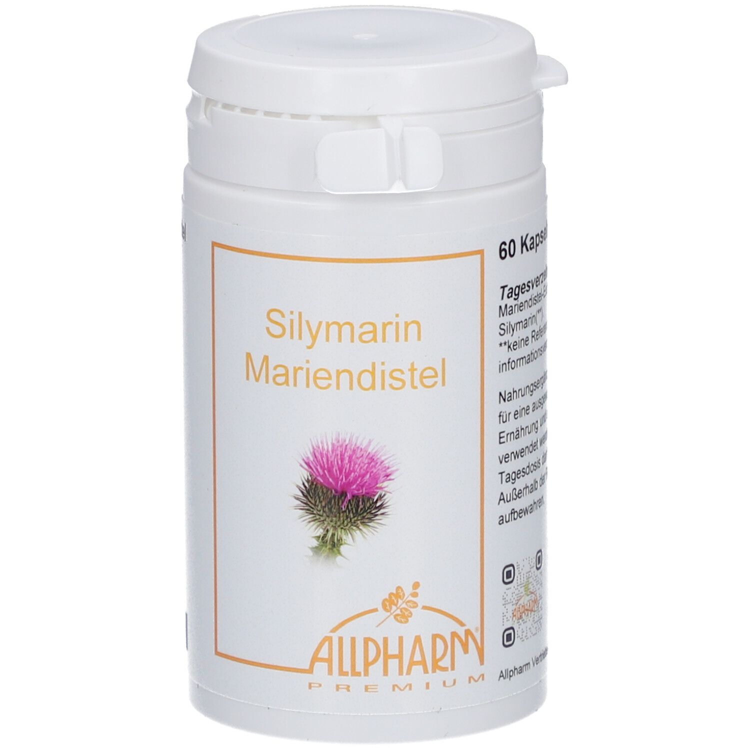 Weiße Dose mit Etikett. Aufschrift: Silymarin Mariendistel. Abbildung einer Distelblüte. Marke: ALLPHARM PREMIUM.
