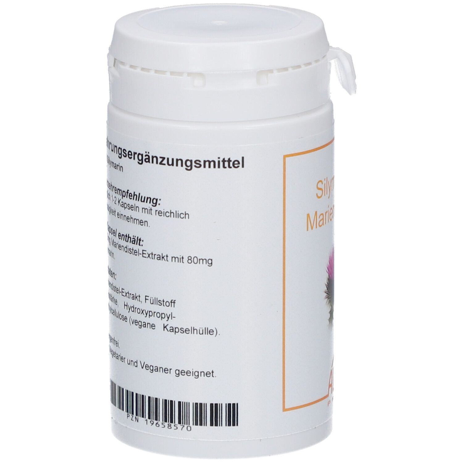 Weiße Dose, Seitenansicht. Aufschrift: Nahrungsergänzungsmittel. Zutatenliste. Barcode und Chargennummer.
