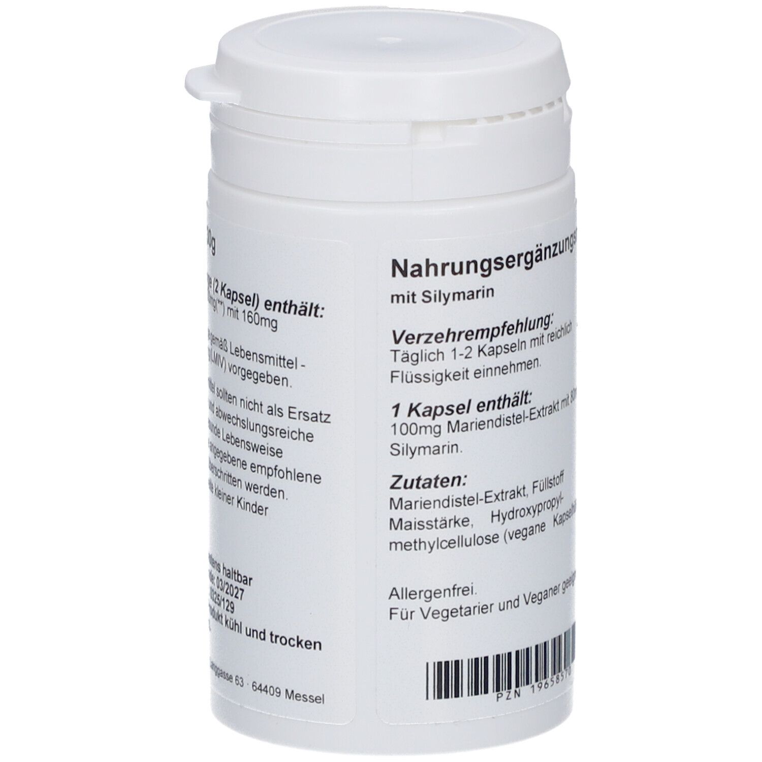 Weiße Dose, Seitenansicht. Aufschrift: Nahrungsergänzungsmittel mit Silymarin. Zutatenliste. Barcode.