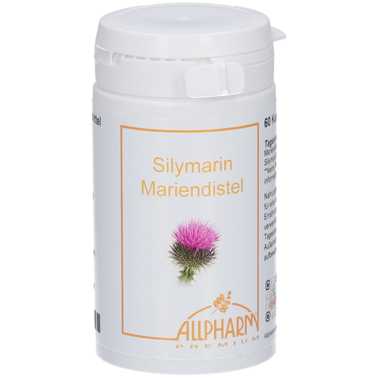 Weiße Dose mit Etikett. Aufschrift: Silymarin Mariendistel. Abbildung einer Distelblüte. Marke: ALLPHARM PREMIUM.
