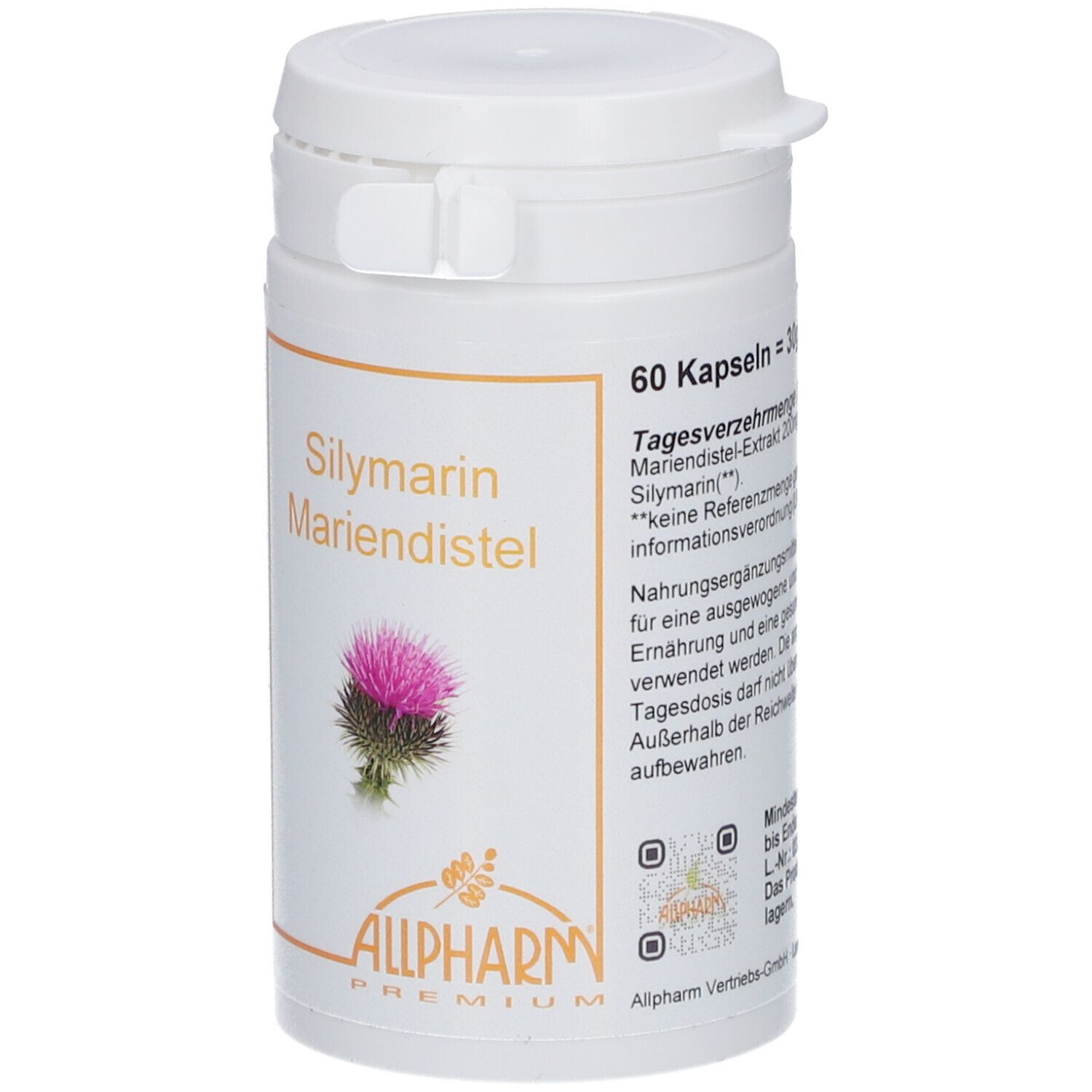Weiße Dose mit Etikett. Aufschrift: Silymarin Mariendistel. Abbildung einer Distelblüte. Marke: ALLPHARM PREMIUM.