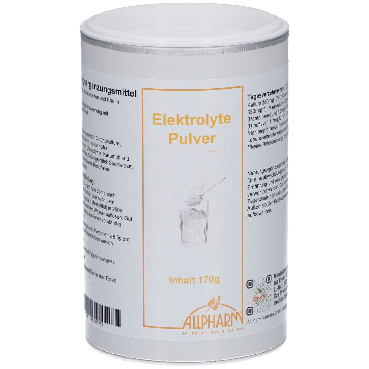 Weiße Dose mit Deckel. Aufdruck: Elektrolyte Pulver, Inhalt 170g, Allpharm Premium. Abbildung: Pulver in Glas.