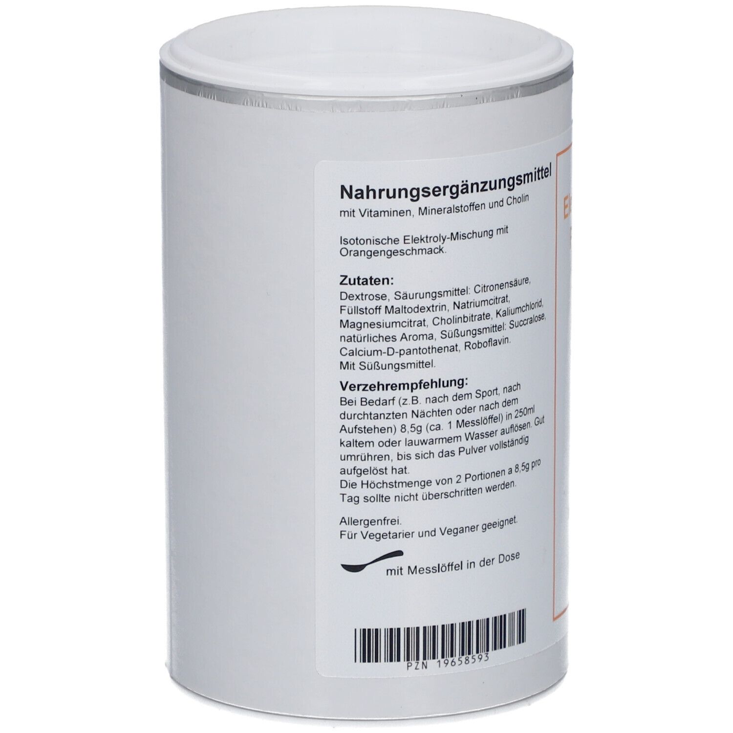Weiße Dose mit Deckel. Aufdruck: Nahrungsergänzungsmittel. Zutatenliste, Verzehrempfehlung. Löffel-Symbol. PZN 19658593.