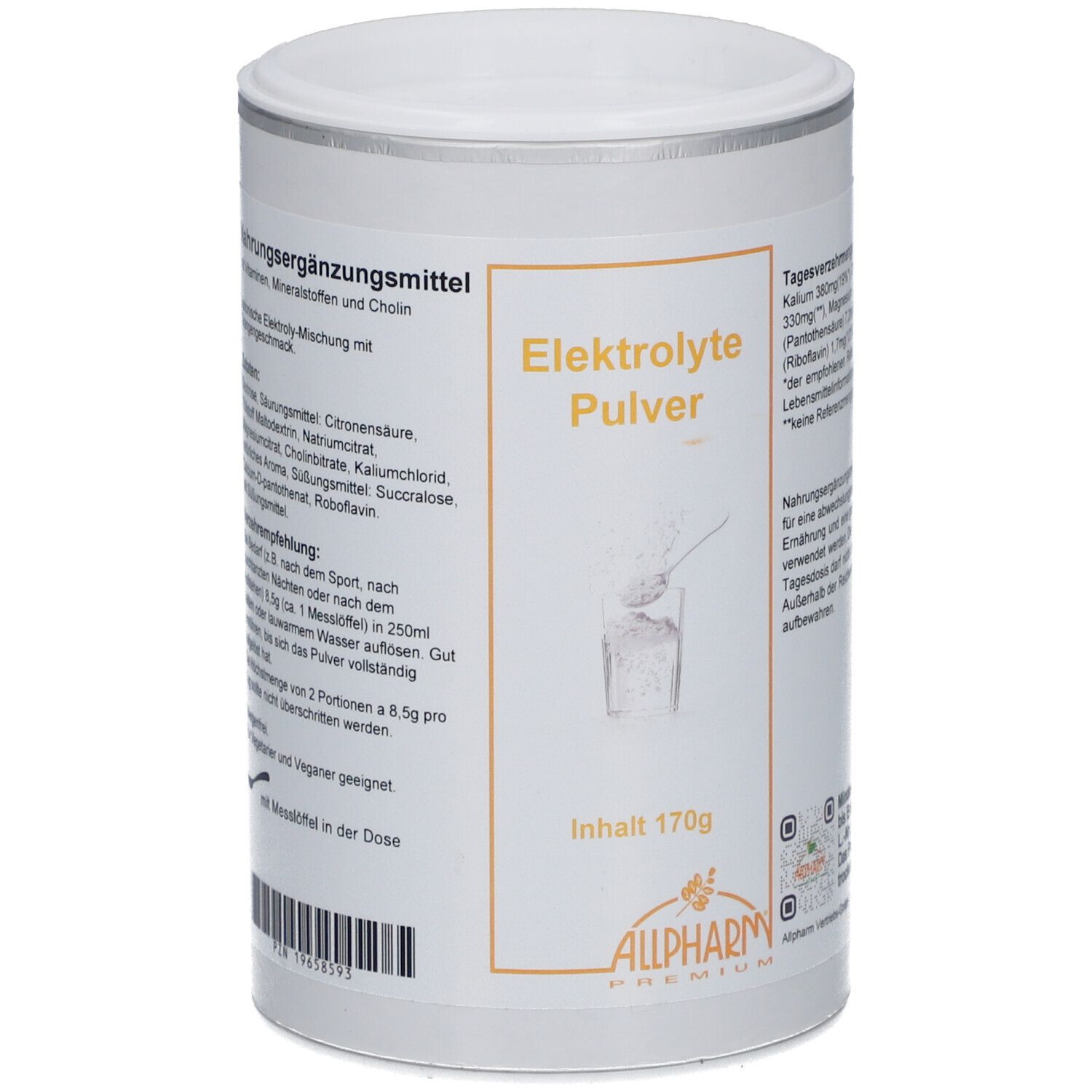 Weiße Dose mit Deckel. Aufdruck: Elektrolyte Pulver, Inhalt 170g, Allpharm Premium. Abbildung: Pulver in Glas. Text in Orange.