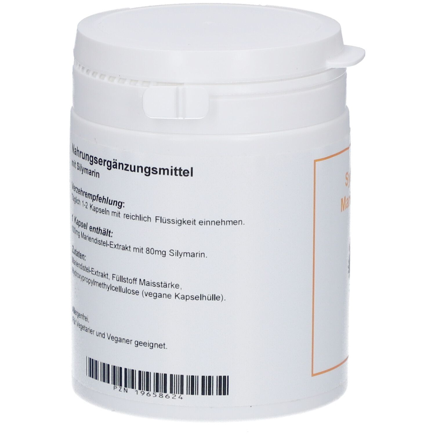 Weiße Dose, Seitenansicht. Text: Nahrungsergänzungsmittel mit Silymarin. Inhaltsstoffe und Verzehrempfehlung.
