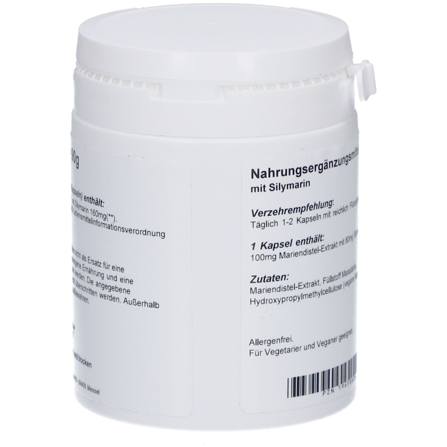 Weiße Dose, Seitenansicht. Text: Nahrungsergänzungsmittel mit Silymarin. Verzehrempfehlung und Inhaltsstoffe.