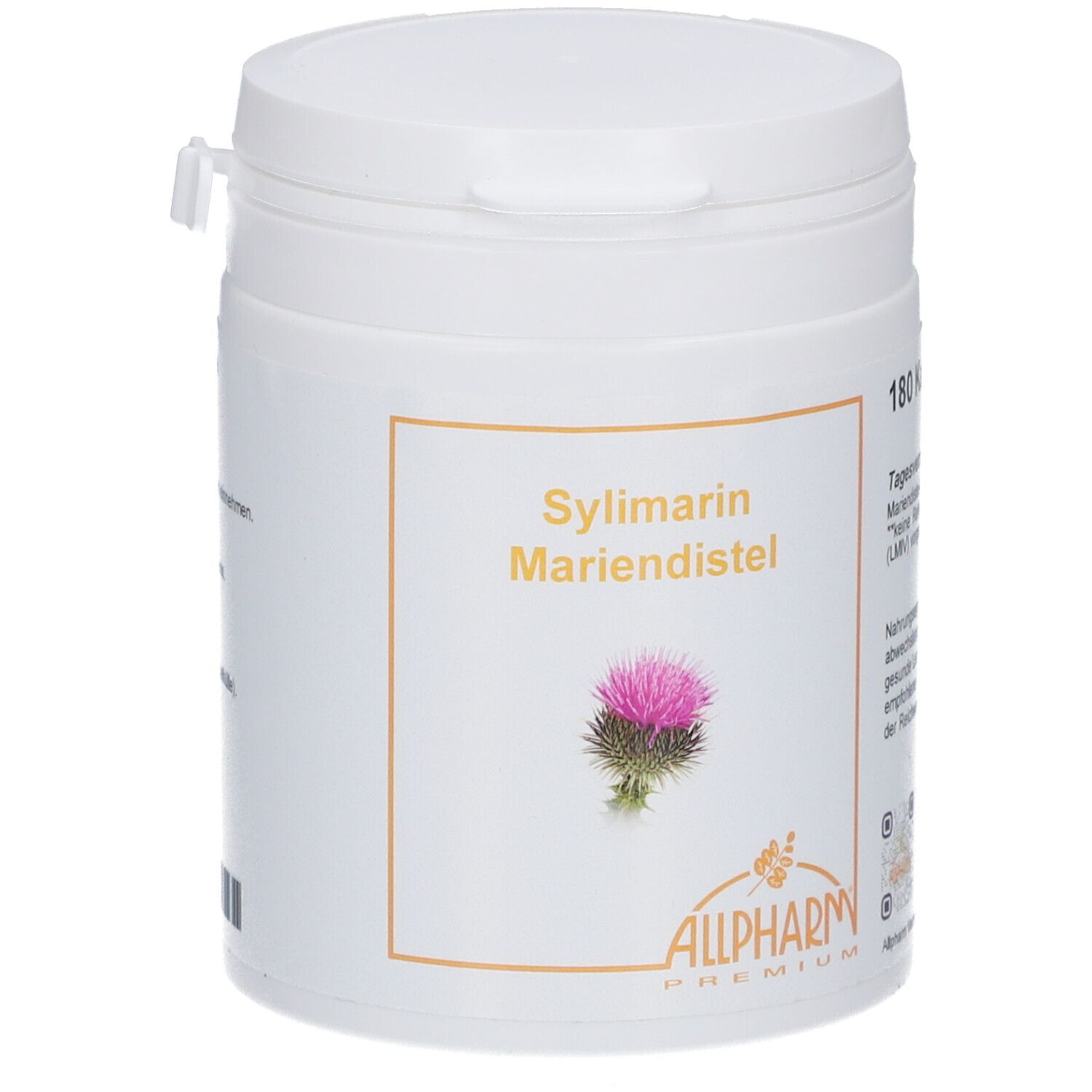 Weiße Dose mit 'Sylimarim Mariendistel' und Logo. Enthält 180 Kapseln. Aufdruck mit Inhaltsangaben.