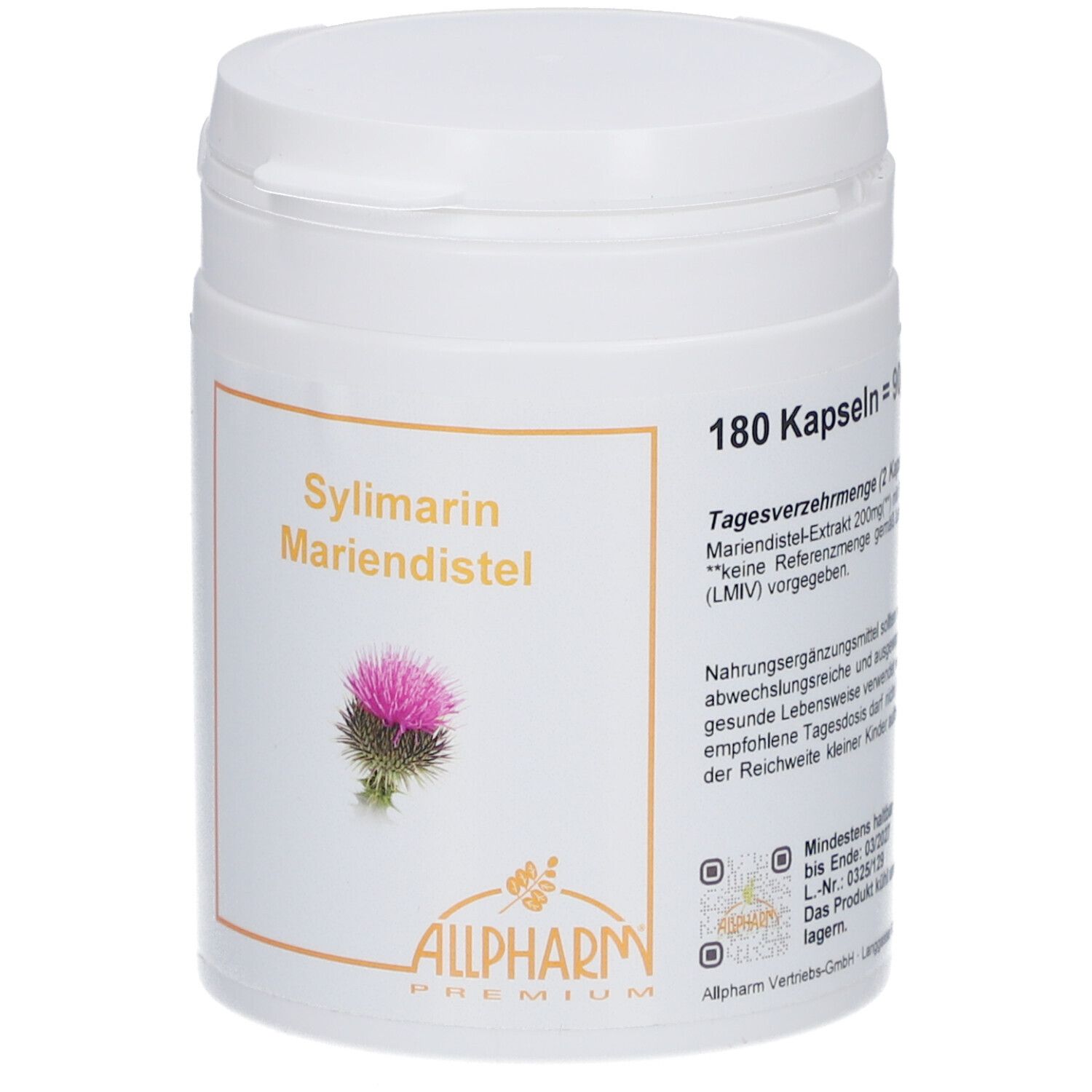 Weiße Dose mit 'Sylimarim Mariendistel' und Logo. Enthält 180 Kapseln. Aufdruck mit Inhaltsangaben.