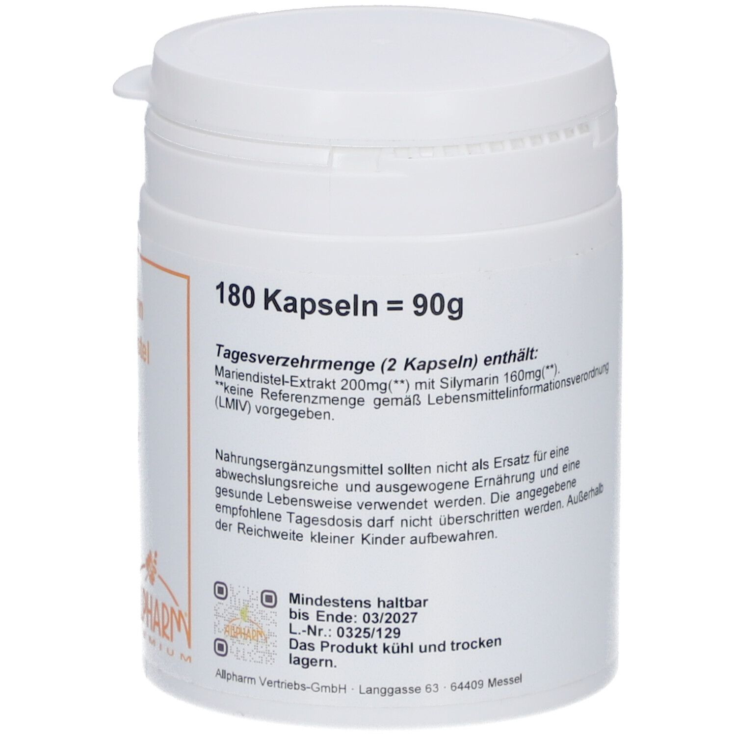 Weiße Dose, Rückseite. Text: 180 Kapseln = 90g. Angaben zur Tagesverzehrmenge und Mindesthaltbarkeit.