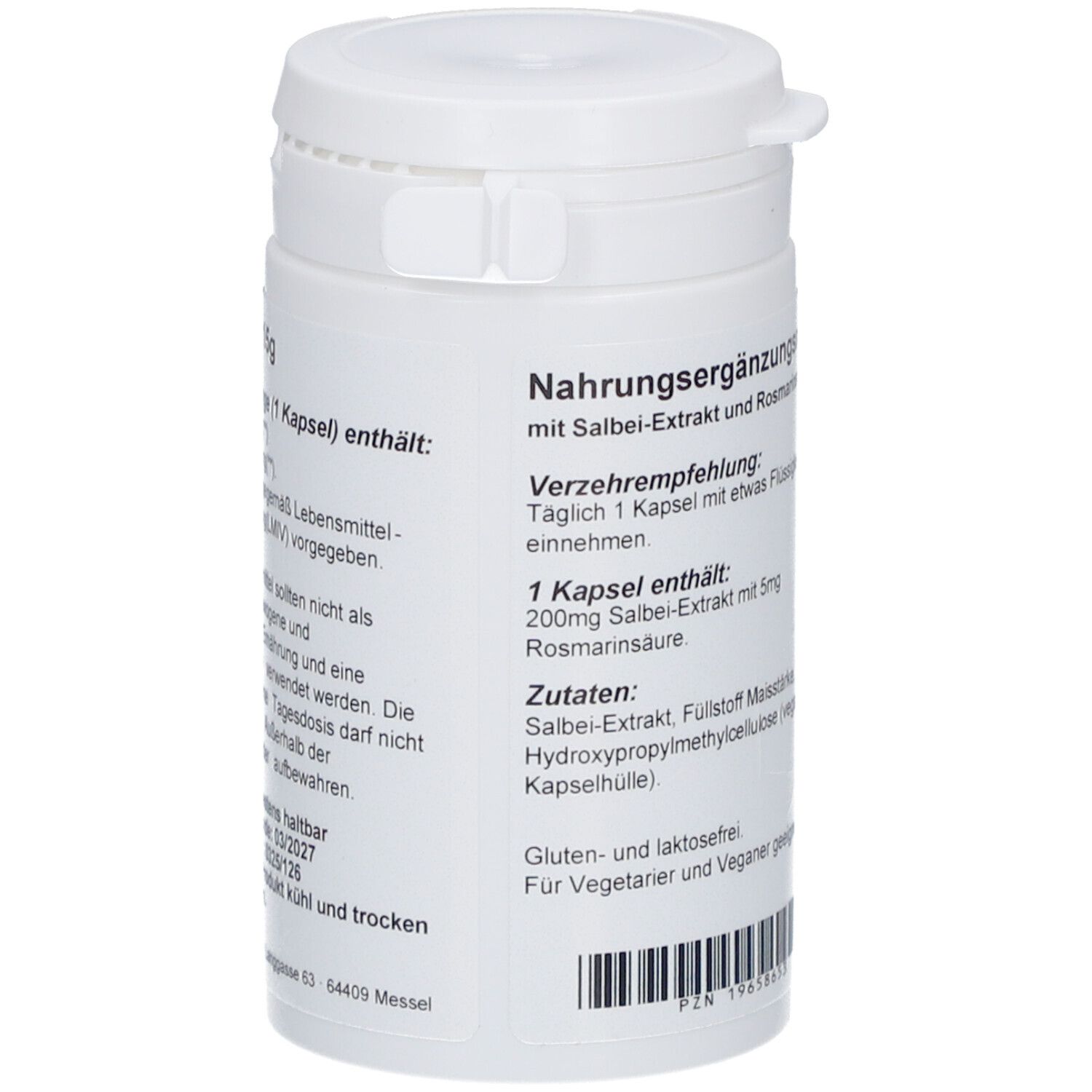 Weiße Kapsel-Dose mit Text. Aufschrift: Nahrungsergänzungsmittel, Verzehrempfehlung, Zutaten, gluten- und laktosefrei.