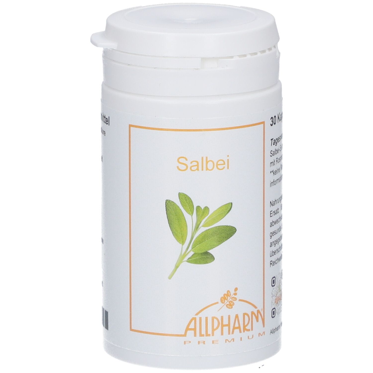 Weiße Kapsel-Dose mit Salbei-Etikett. Aufschrift: Salbei, Allpharm Premium. 30 Kapseln.