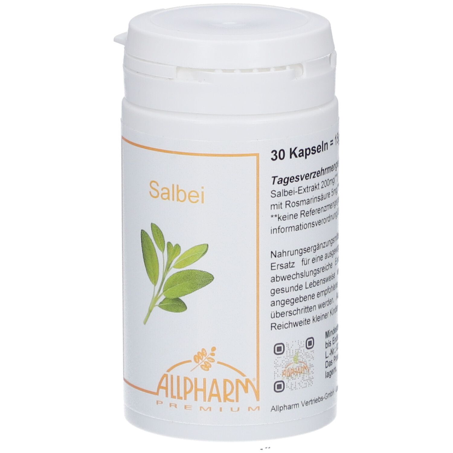 Weiße Kapsel-Dose mit Salbei-Etikett. Aufschrift: Salbei, Allpharm Premium. 30 Kapseln.