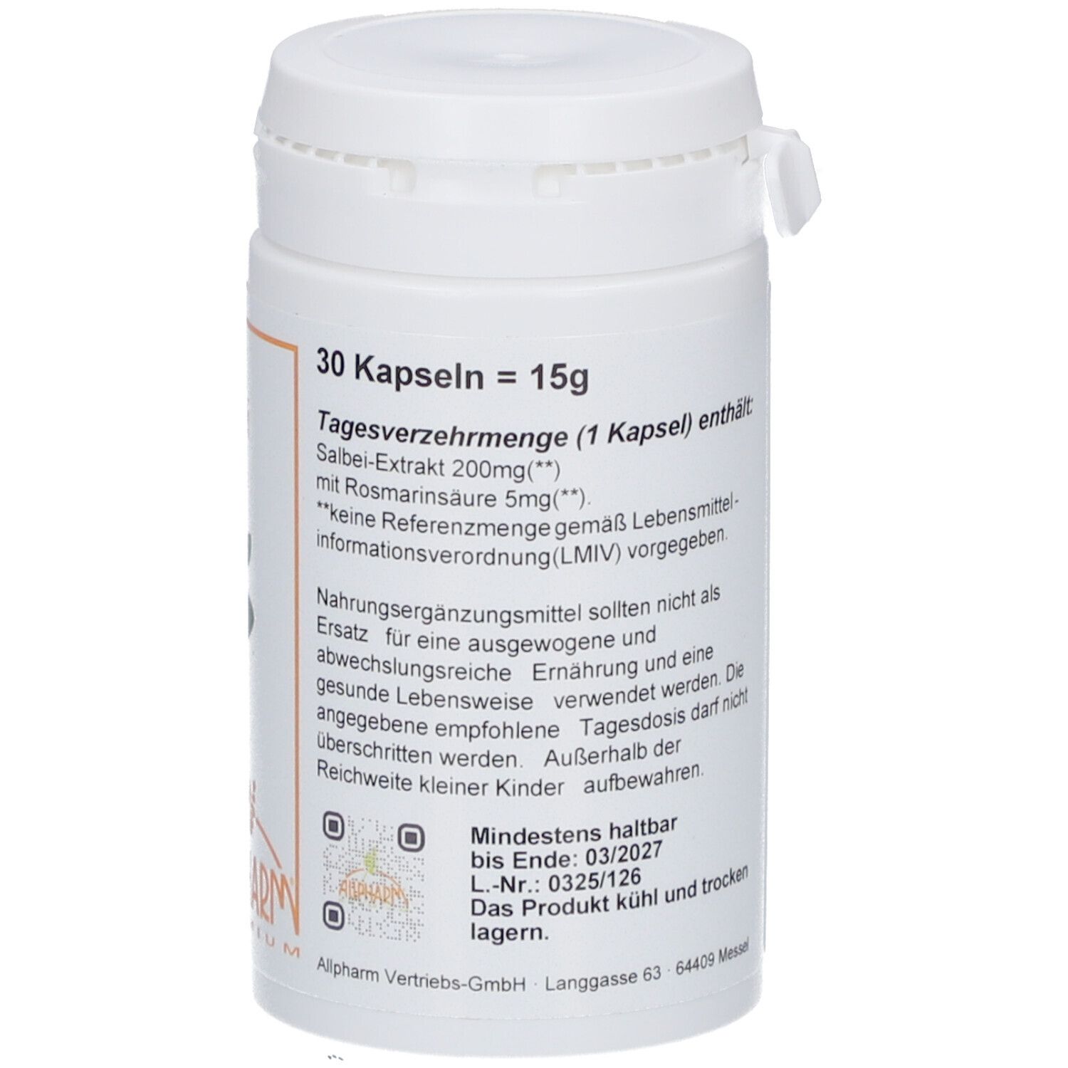 Weiße Kapsel-Dose mit Text. Aufschrift: 30 Kapseln = 15g, Tagesverzehrmenge, Mindestens haltbar bis Ende: 03/2027.