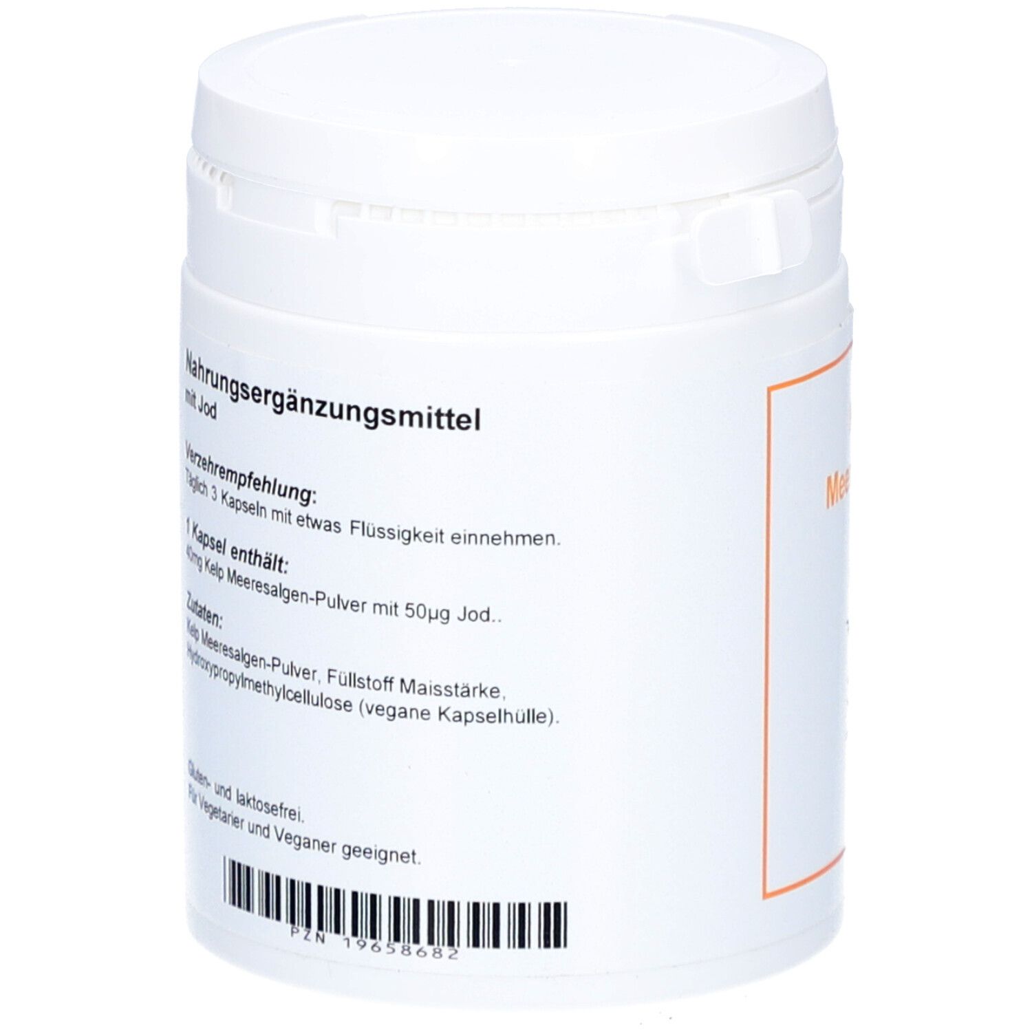 Weiße Dose mit orangefarbenem Etikett. Aufschrift: Nahrungsergänzungsmittel mit Jod. Zutatenliste.