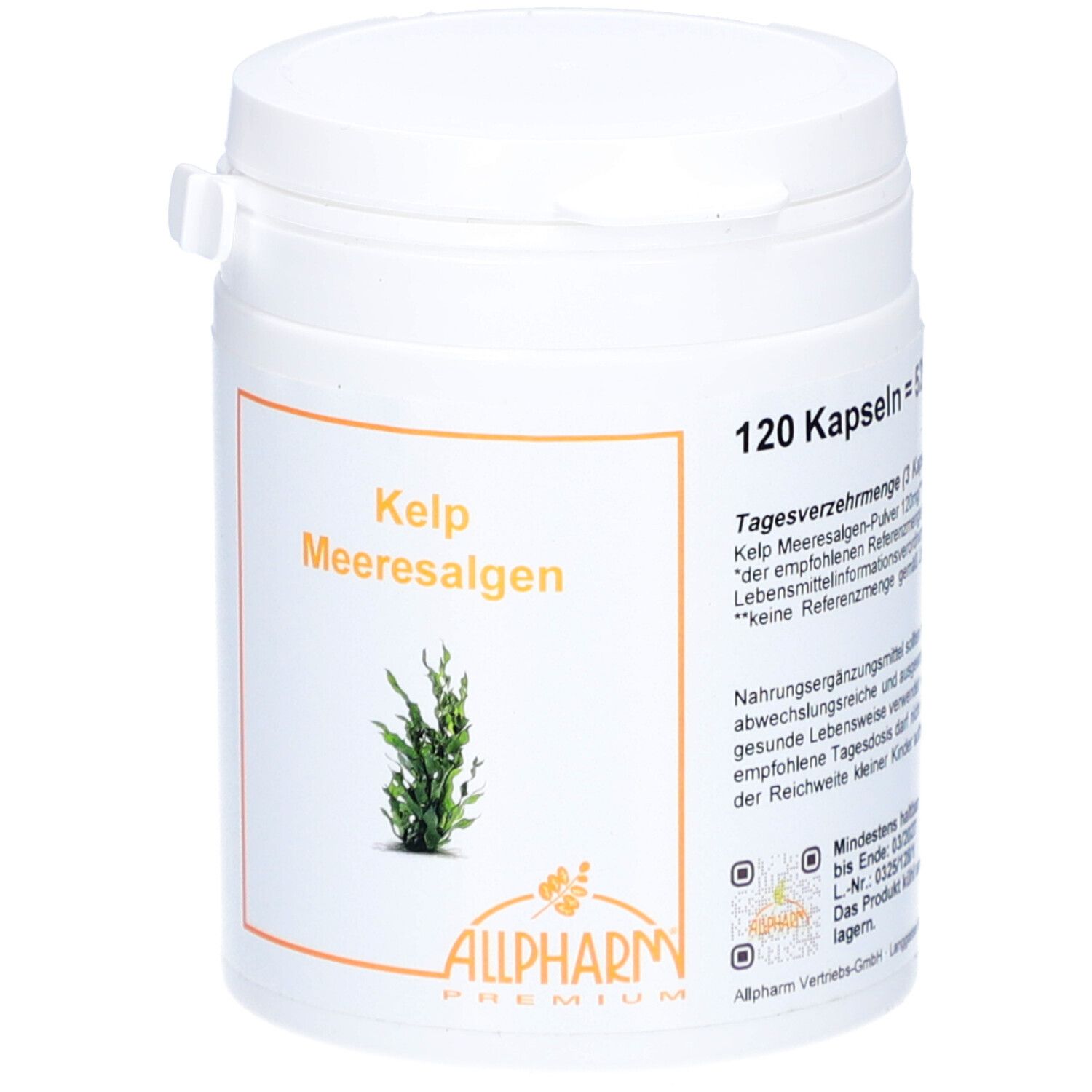 Weiße Dose mit orangefarbenem Etikett. Aufschrift: Kelp Meeresalgen, Allpharm Premium. 120 Kapseln.