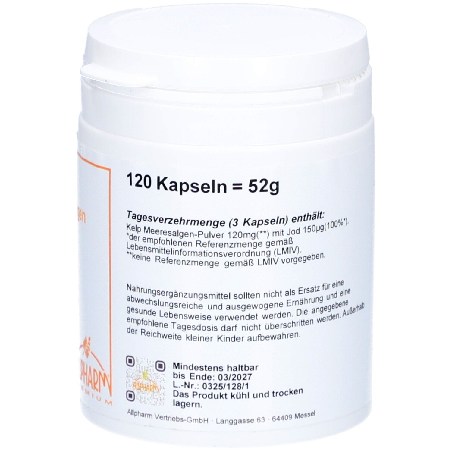 Weiße Dose mit orangefarbenem Etikett. Aufschrift: 120 Kapseln = 52g. Mindestens haltbar bis 03/2027.