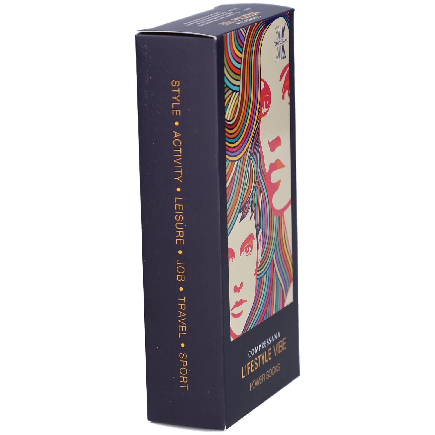 Schwarze Verpackung mit Text: STYLE, ACTIVITY, LEISURE, JOB, TRAVEL, SPORT. Farbiges Porträt.