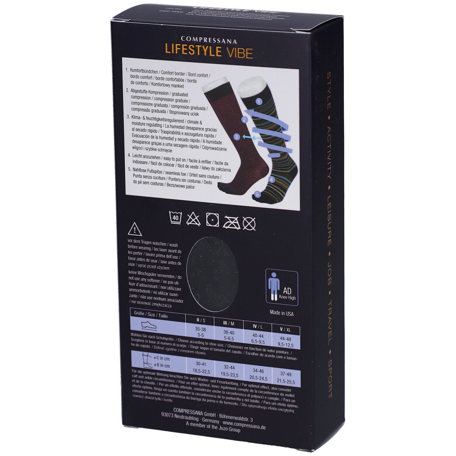 Rückseite der Verpackung. Text: COMPRESSANA LIFESTYLE VIBE. Illustrationen von Socken. Größenangaben.