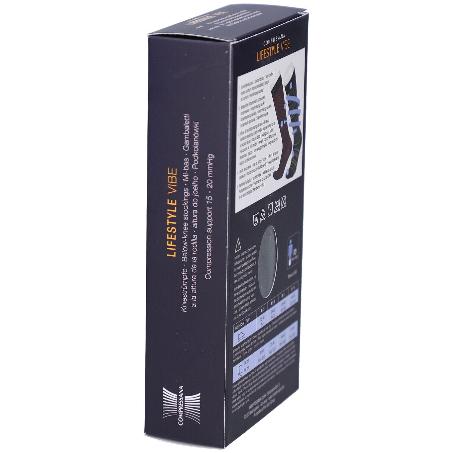 Seitenansicht der Verpackung. Text: COMPRESSANA LIFESTYLE VIBE. Illustration von Socken. Größenangaben.
