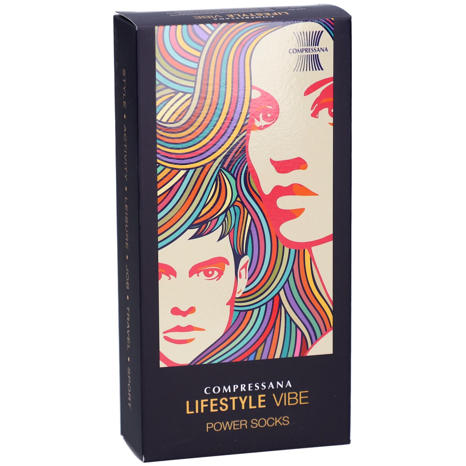 Schwarze Verpackung mit farbigem Porträt. Text: COMPRESSANA LIFESTYLE VIBE POWER SOCKS. Logo.