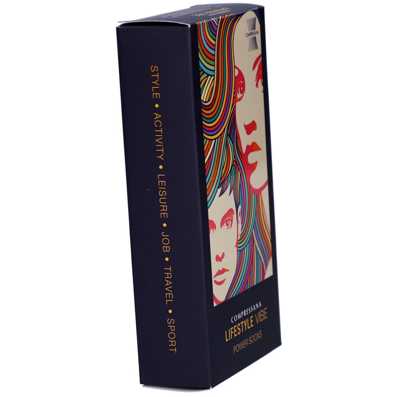 Schwarze Verpackung, Seitenansicht. Text: COMPRESSANA LIFESTYLE VIBE. Wörter: STYLE, ACTIVITY, LEISURE, JOB, TRAVEL, SPORT.
