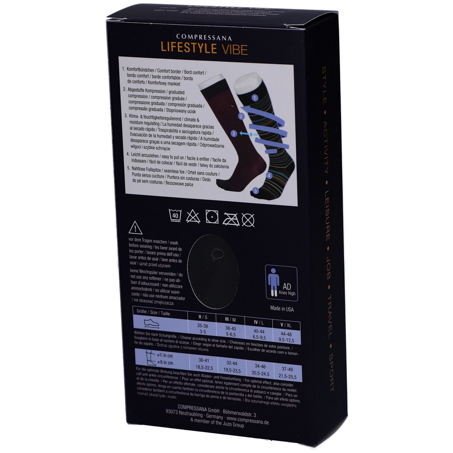 Rückseite der schwarzen Verpackung. Text: COMPRESSANA LIFESTYLE VIBE. Illustrationen von Strümpfen. Größentabelle.