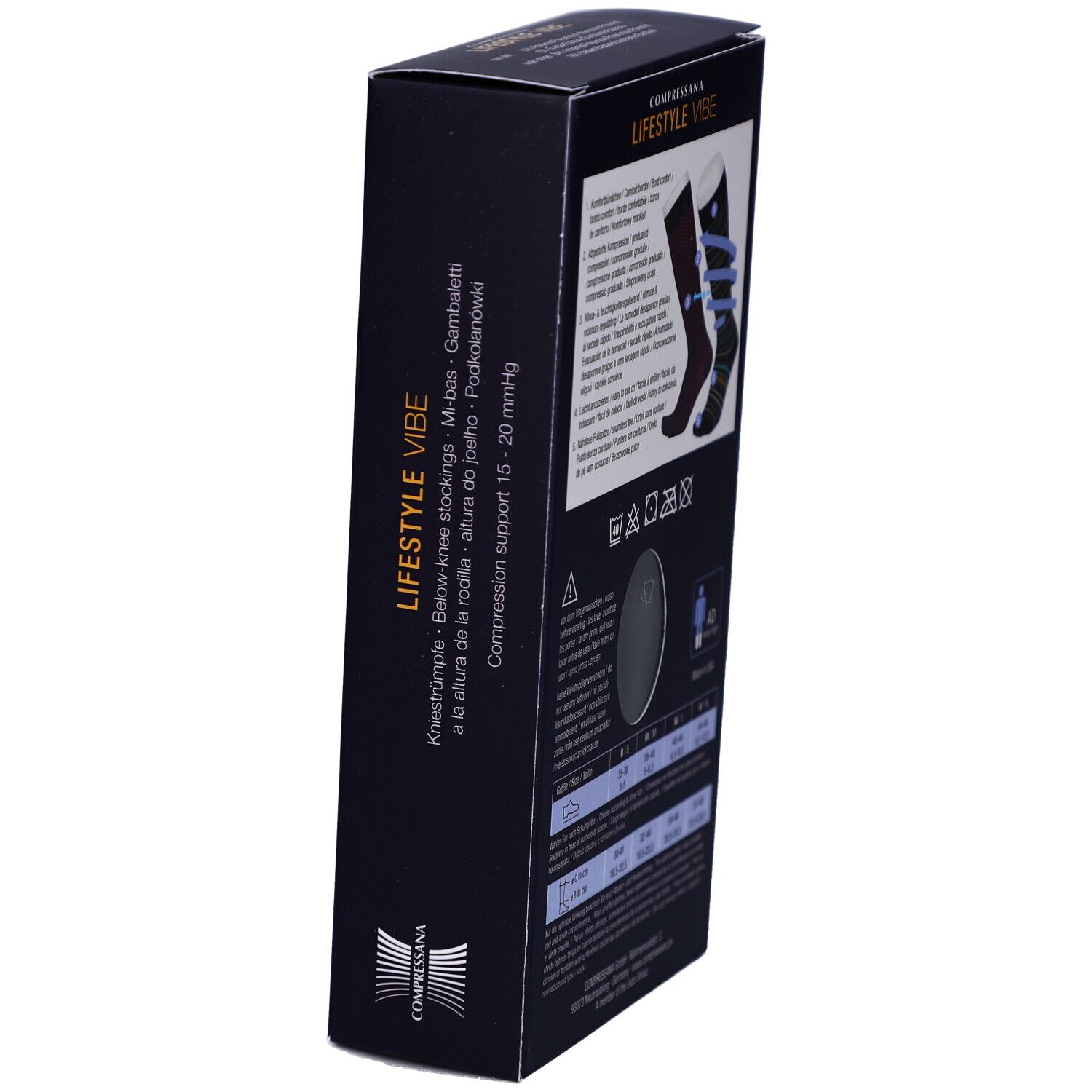 Schwarze Verpackung, Seitenansicht. Text: COMPRESSANA LIFESTYLE VIBE. Illustration von Strümpfen. Größentabelle.