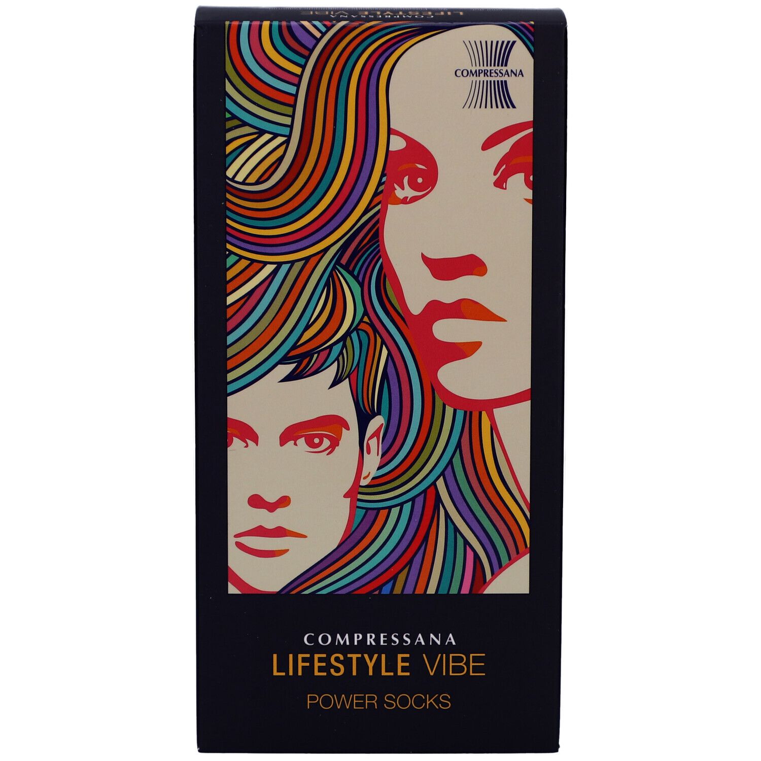 Schwarze Verpackung mit farbigem Porträt. Text: COMPRESSANA LIFESTYLE VIBE POWER SOCKS.