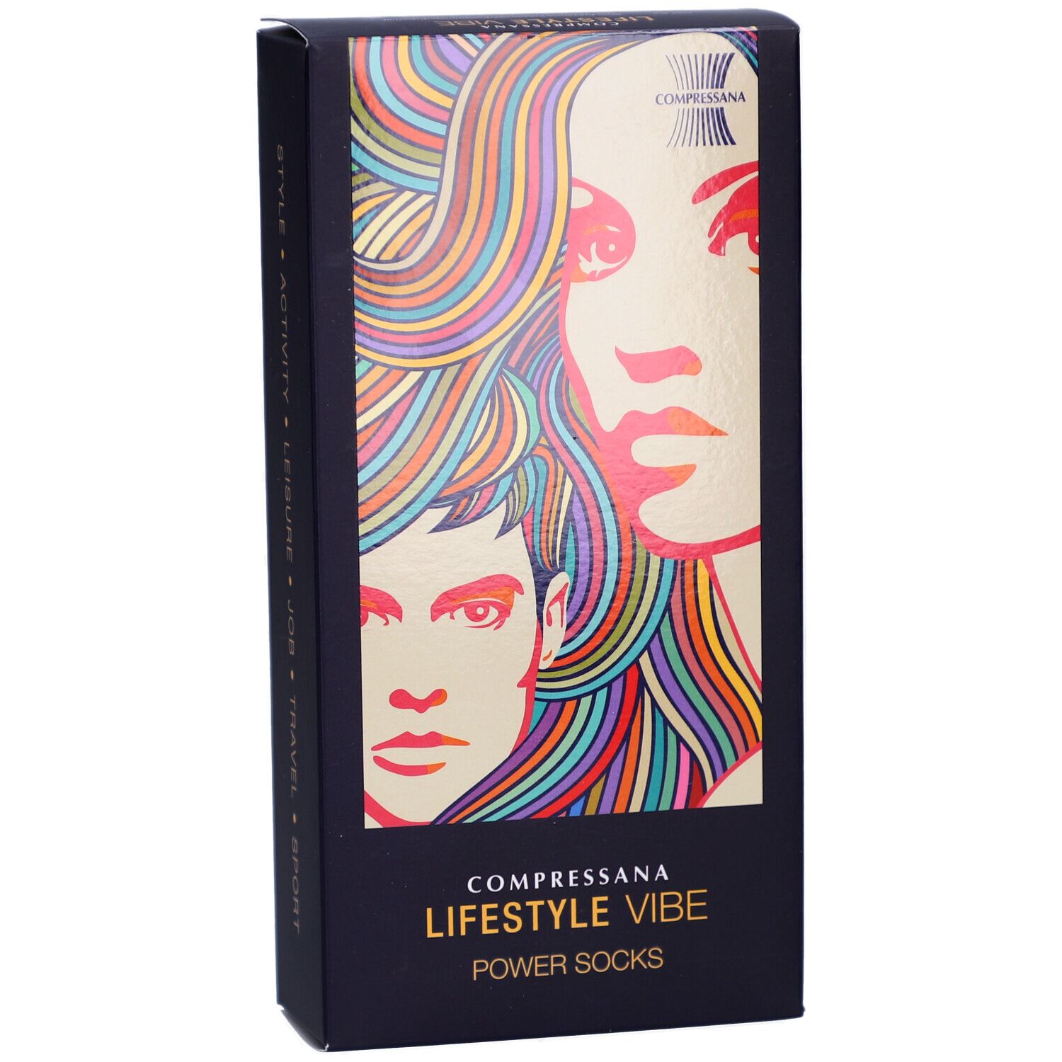Schwarze Verpackung mit farbigem Porträt. Text: COMPRESSANA LIFESTYLE VIBE POWER SOCKS.