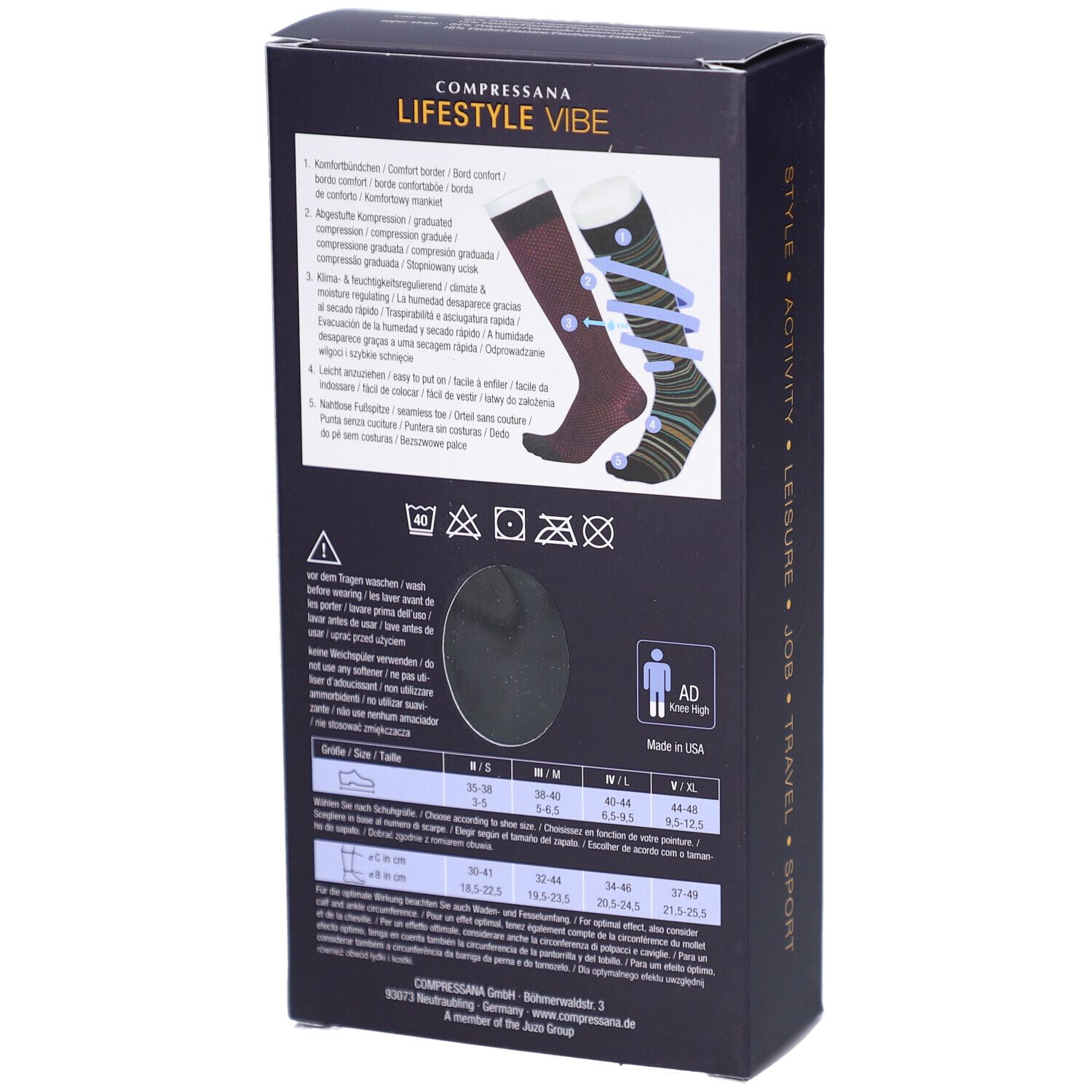 Rückseite der schwarzen Produktverpackung. Abbildungen von Kniestrümpfen. Text: COMPRESSANA LIFESTYLE VIBE. Größenangaben.