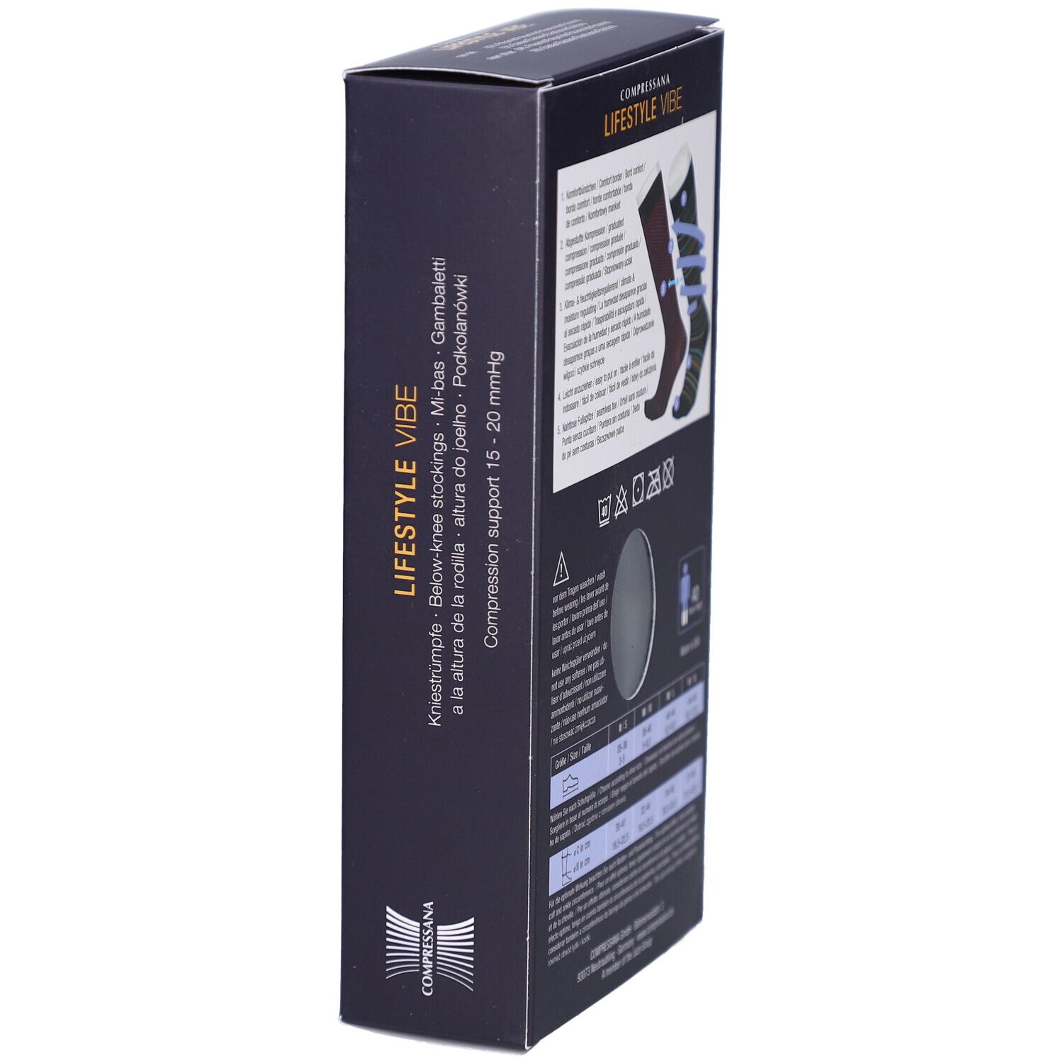 Schwarze Produktverpackung, Seitenansicht. Text: COMPRESSANA LIFESTYLE VIBE. Abbildung von Kniestrümpfen.