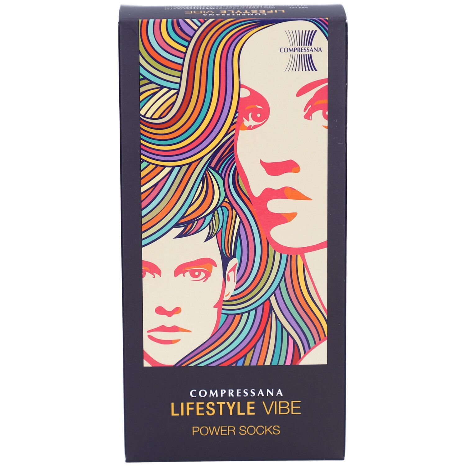 Schwarze Produktverpackung mit farbigem Porträt. Schriftzug: COMPRESSANA LIFESTYLE VIBE POWER SOCKS.