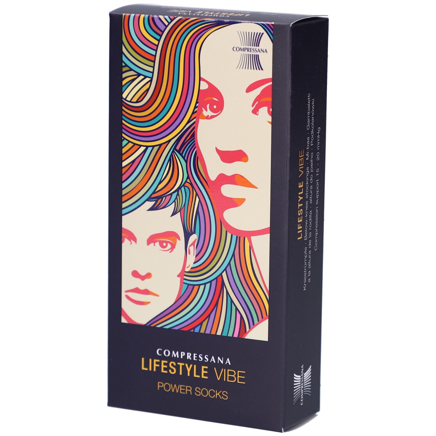 Schwarze Verpackung mit COMPRESSANA LIFESTYLE VIBE POWER SOCKS. Illustration von Gesichtern mit bunten Haaren.