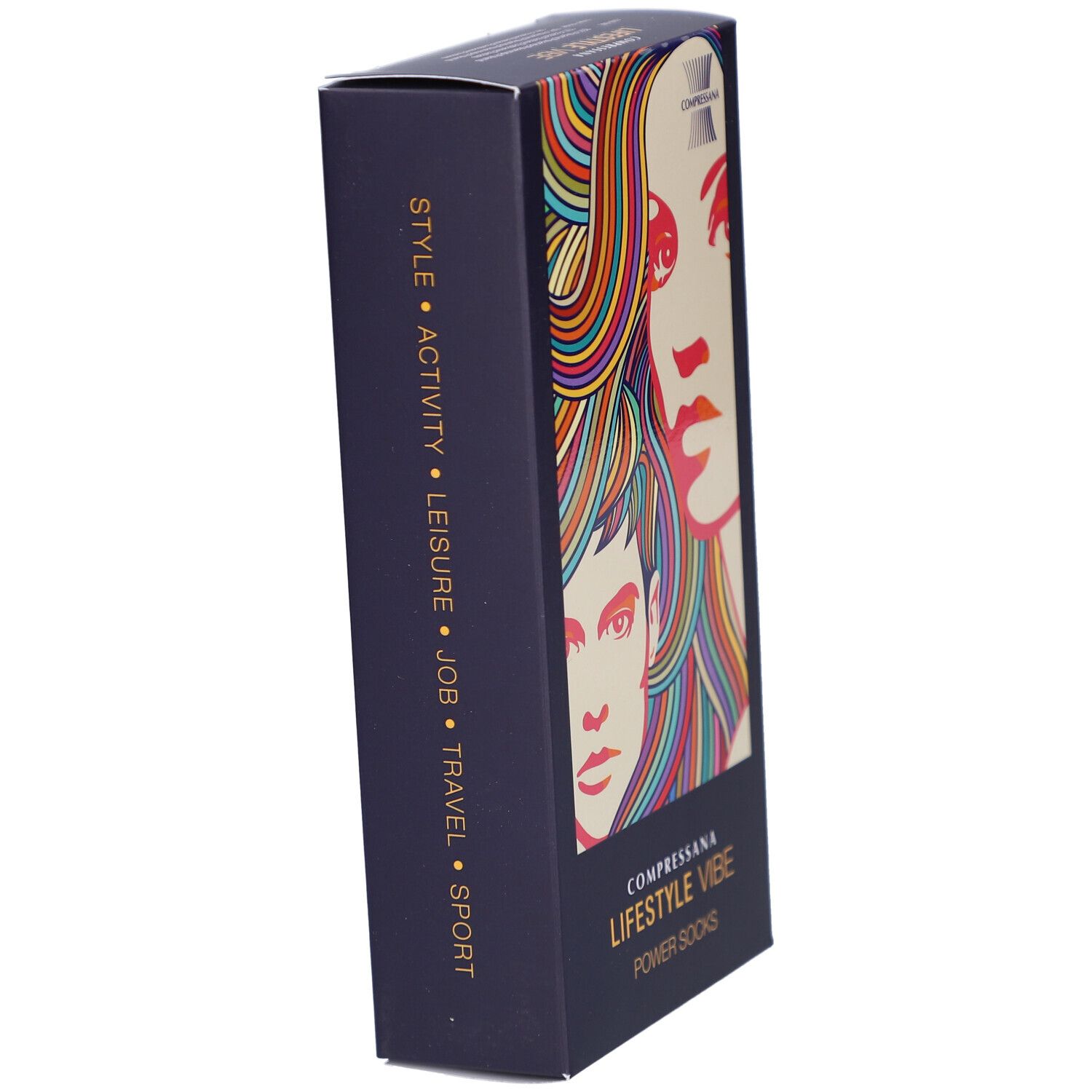 Schwarze Verpackung COMPRESSANA LIFESTYLE VIBE POWER SOCKS. Seitenansicht mit Text: STYLE, ACTIVITY, LEISURE, JOB, TRAVEL, SPORT.