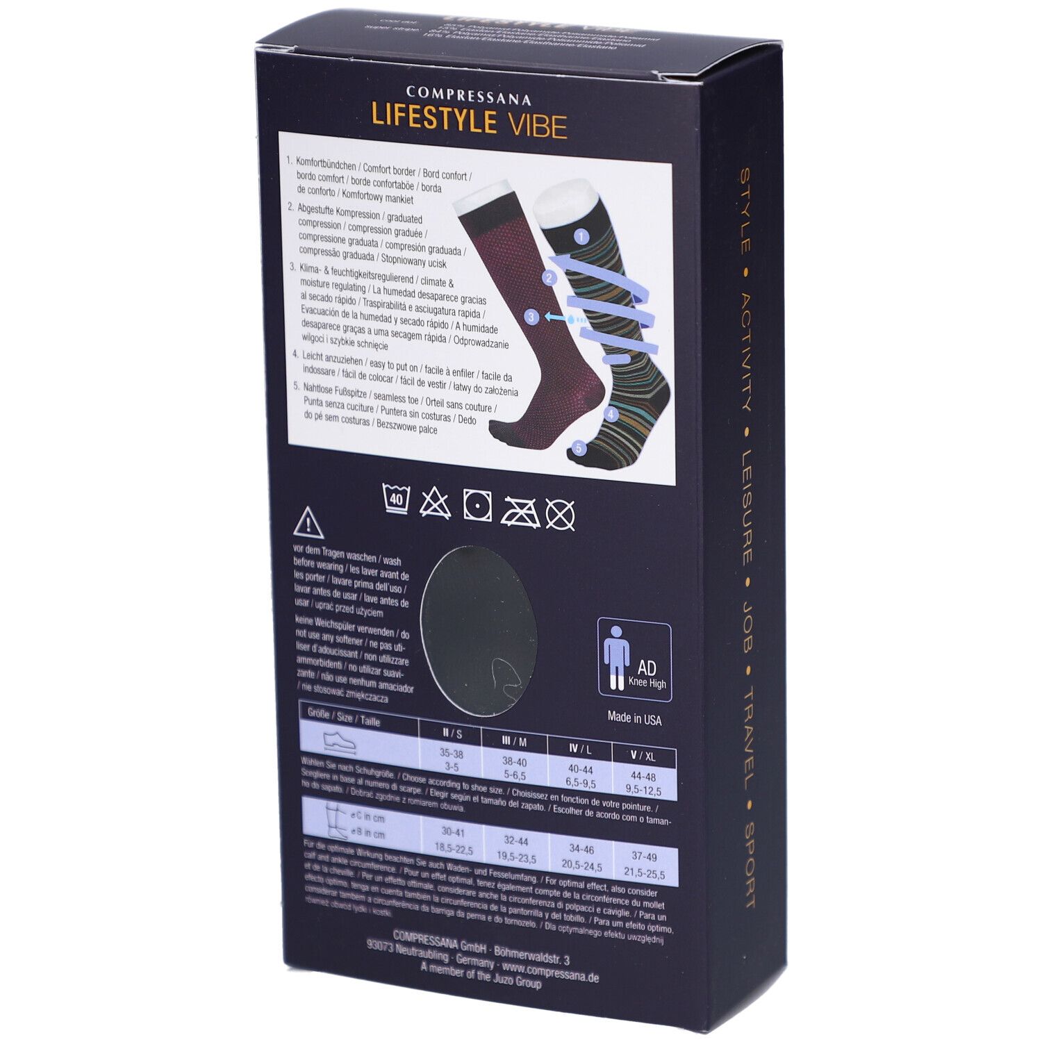 Rückseite der schwarzen Verpackung COMPRESSANA LIFESTYLE VIBE. Illustration von Strümpfen. Text: Größe, Waschsymbole, Kompression.