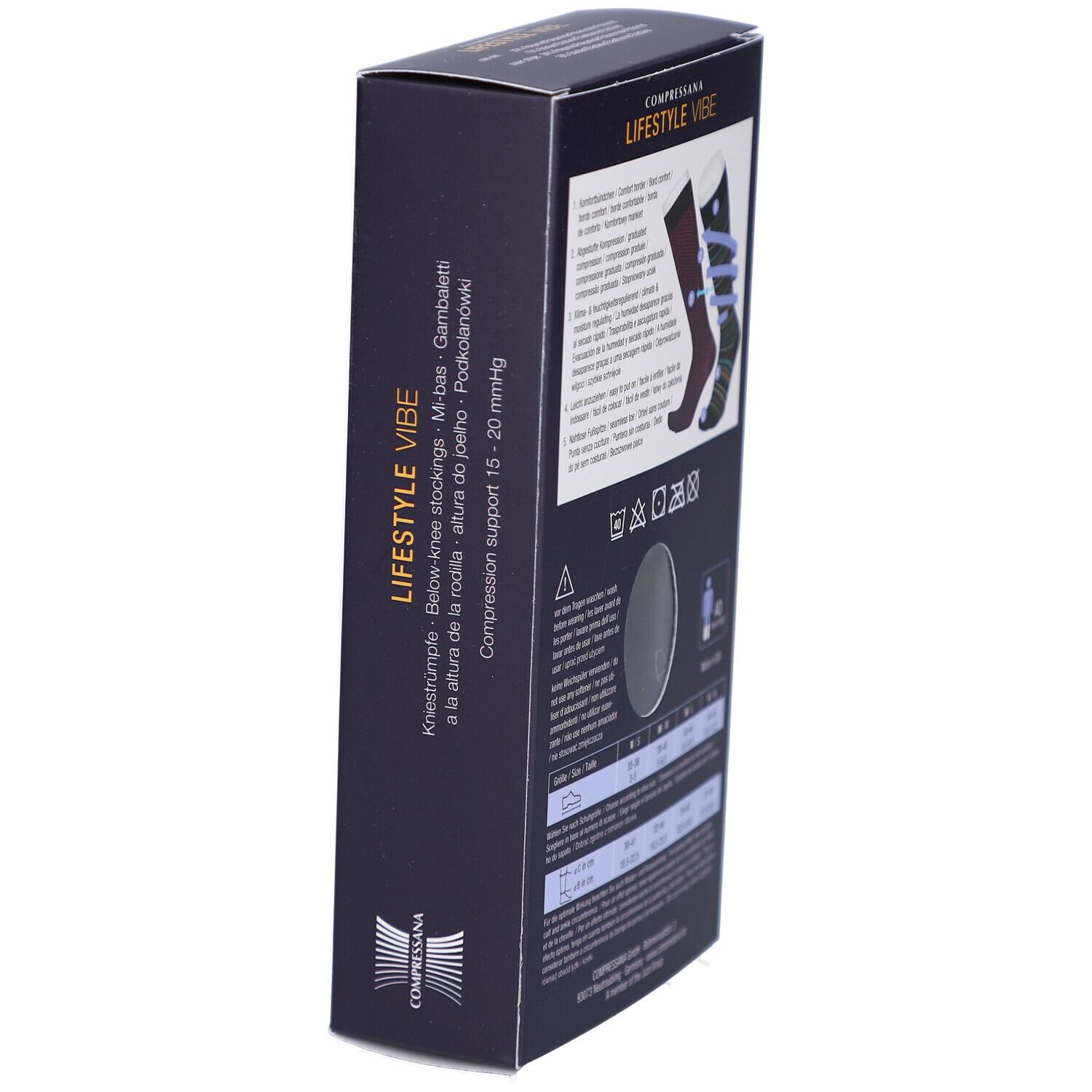 Seitenansicht der schwarzen Verpackung COMPRESSANA LIFESTYLE VIBE. Text: Kniestrümpfe, Kompression 15-20 mmHg.