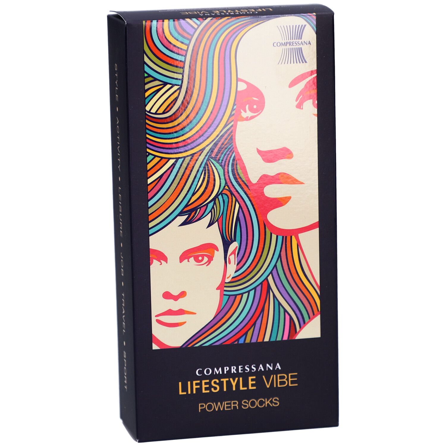 Schwarze Verpackung COMPRESSANA LIFESTYLE VIBE POWER SOCKS. Illustration von Gesichtern mit bunten Haaren.