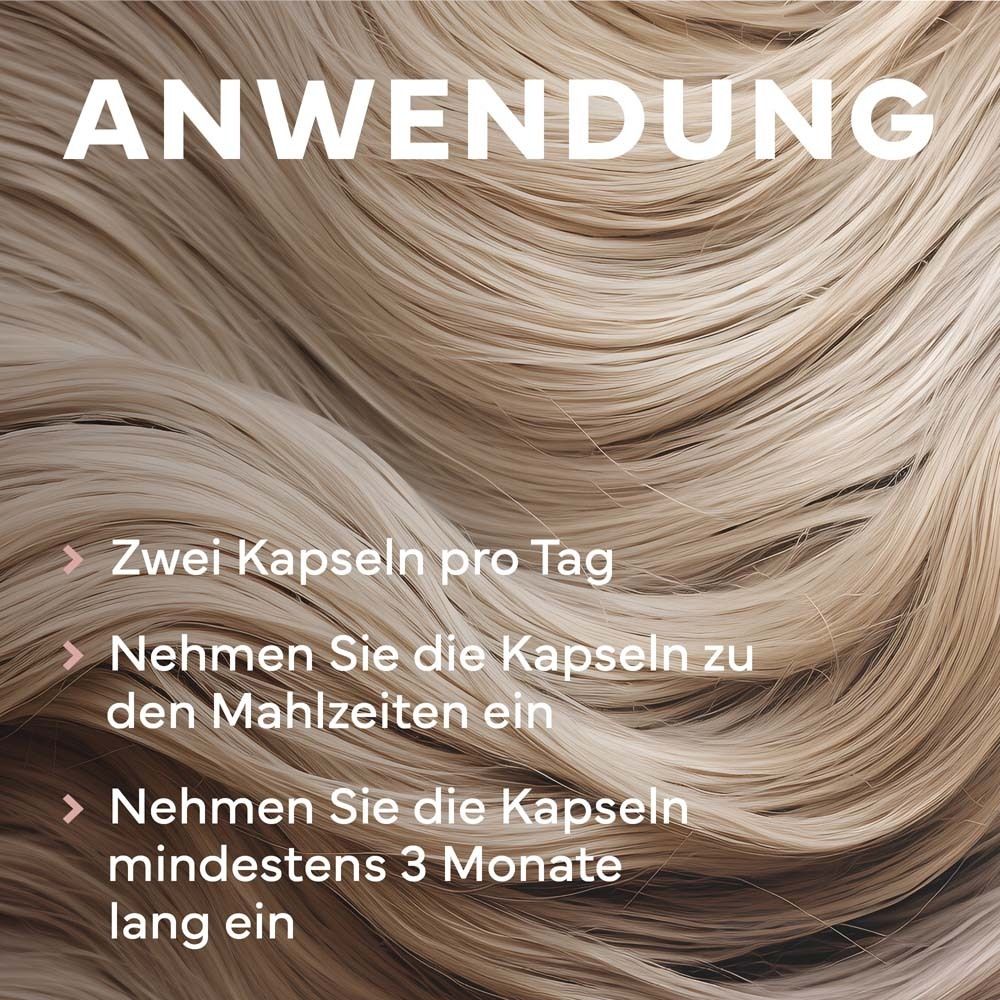 Text über die Anwendung. Text: Zwei Kapseln pro Tag. Einnahme zu den Mahlzeiten. Einnahme mindestens 3 Monate lang.