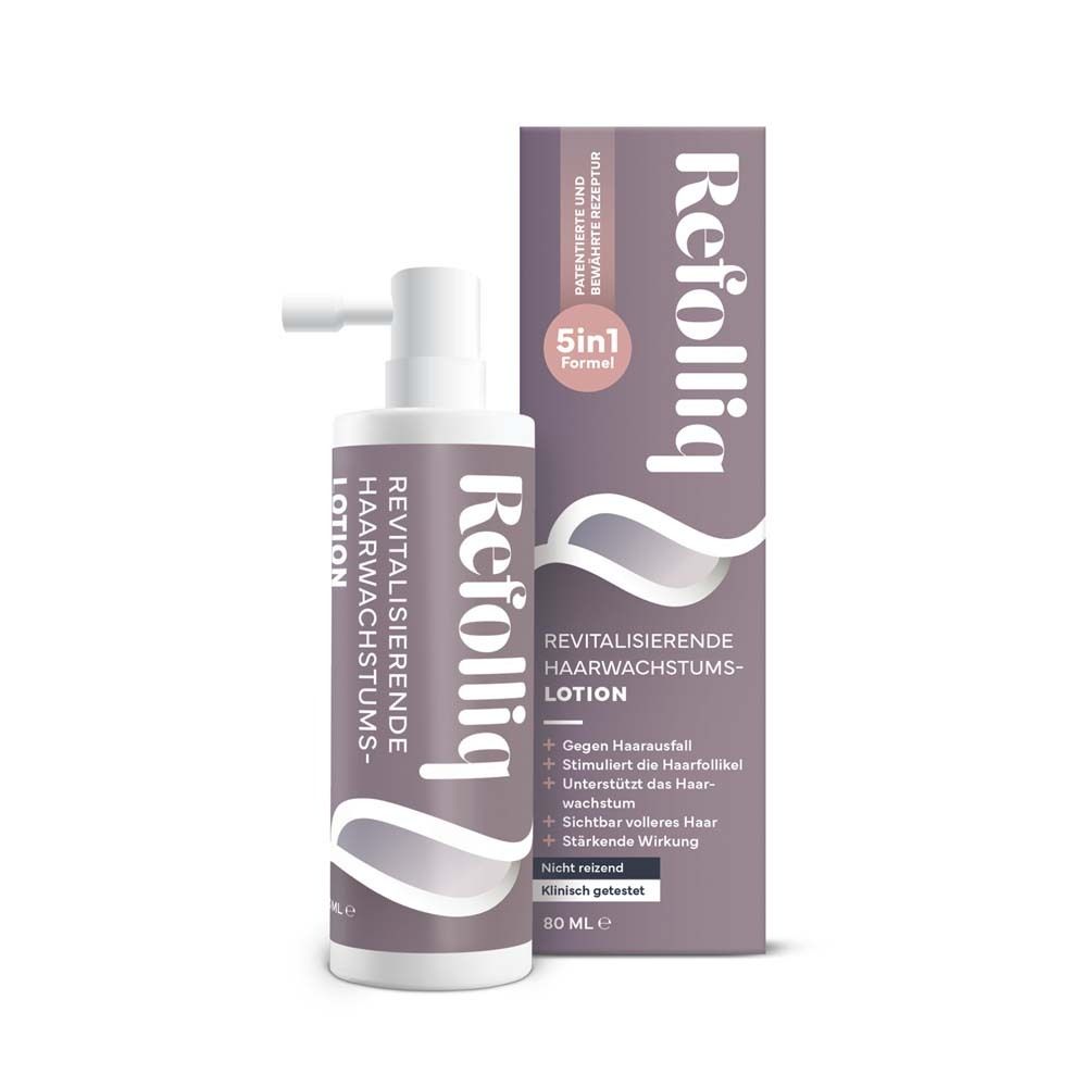 Refolliq-Lotion und Verpackung. Weiße Flasche mit Sprühkopf. 80 ml.