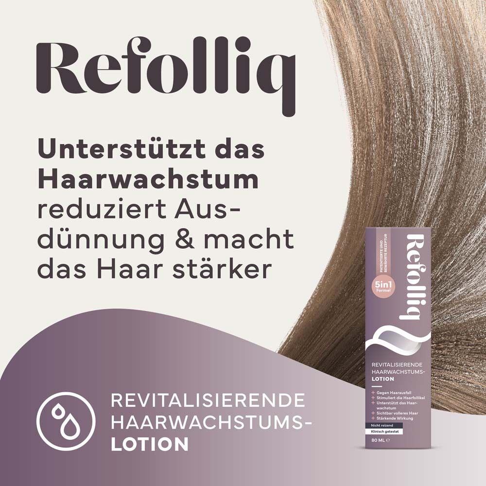Haarwachstum-Lotion. Produktname und Text vor Haarhintergrund.