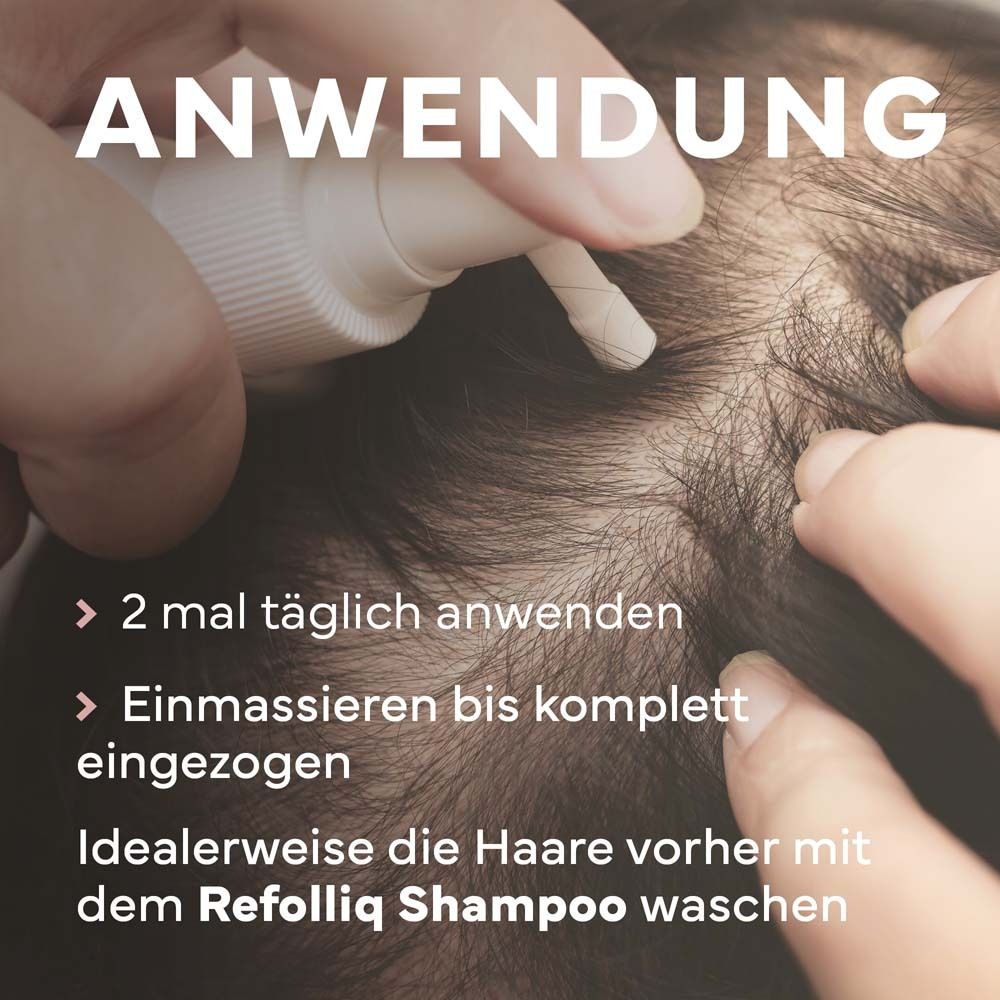 Hände sprühen Lotion auf Kopfhaut. Text über Anwendung.