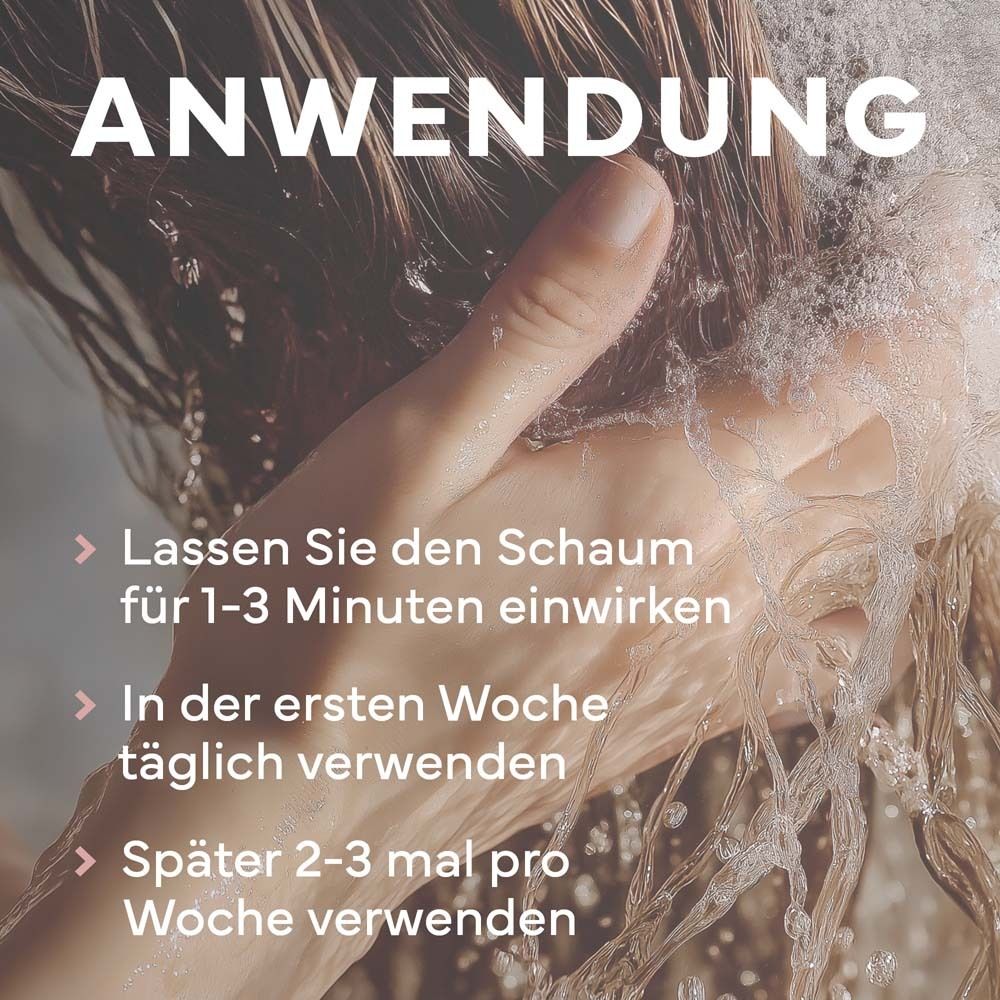 Text: Anwendung. Lassen Sie den Schaum 1-3 Minuten einwirken. Täglich in der ersten Woche, später 2-3 mal pro Woche.