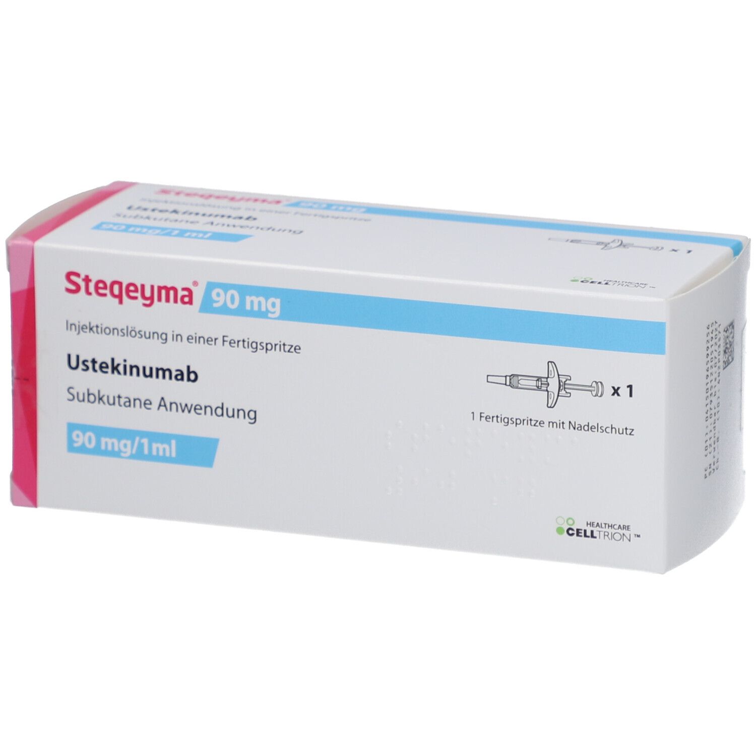 Verpackung von Steqeyma 90 mg Injektionslösung. Enthält eine Fertigspritze. Text: Ustekinumab, subkutane Anwendung.