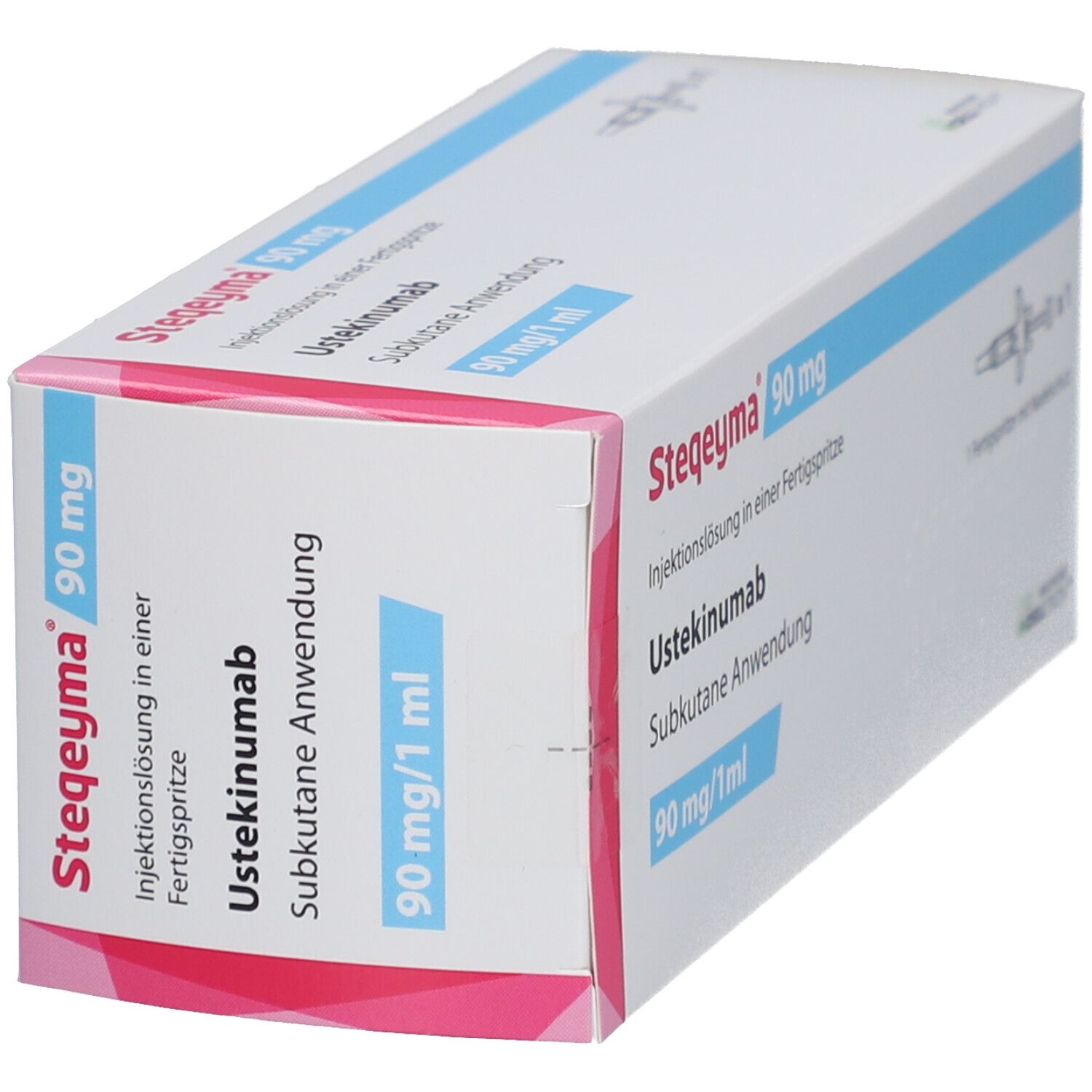 Schrägansicht der Steqeyma 90 mg Verpackung. Text: Ustekinumab, subkutane Anwendung, 90 mg/1 ml. Rosa und blaue Akzente.