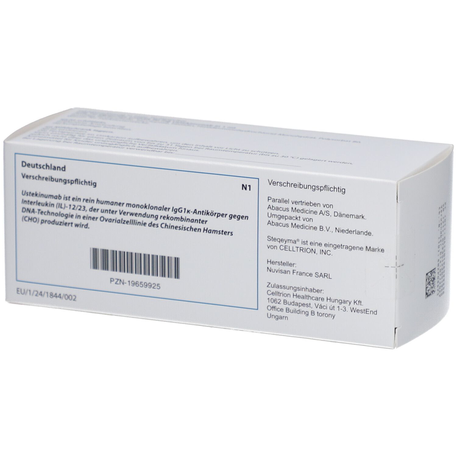 Rückseite der Steqeyma 90 mg Verpackung. Enthält Informationen zu Hersteller, Vertrieb und Inhaltsstoffen. Text in Deutsch.