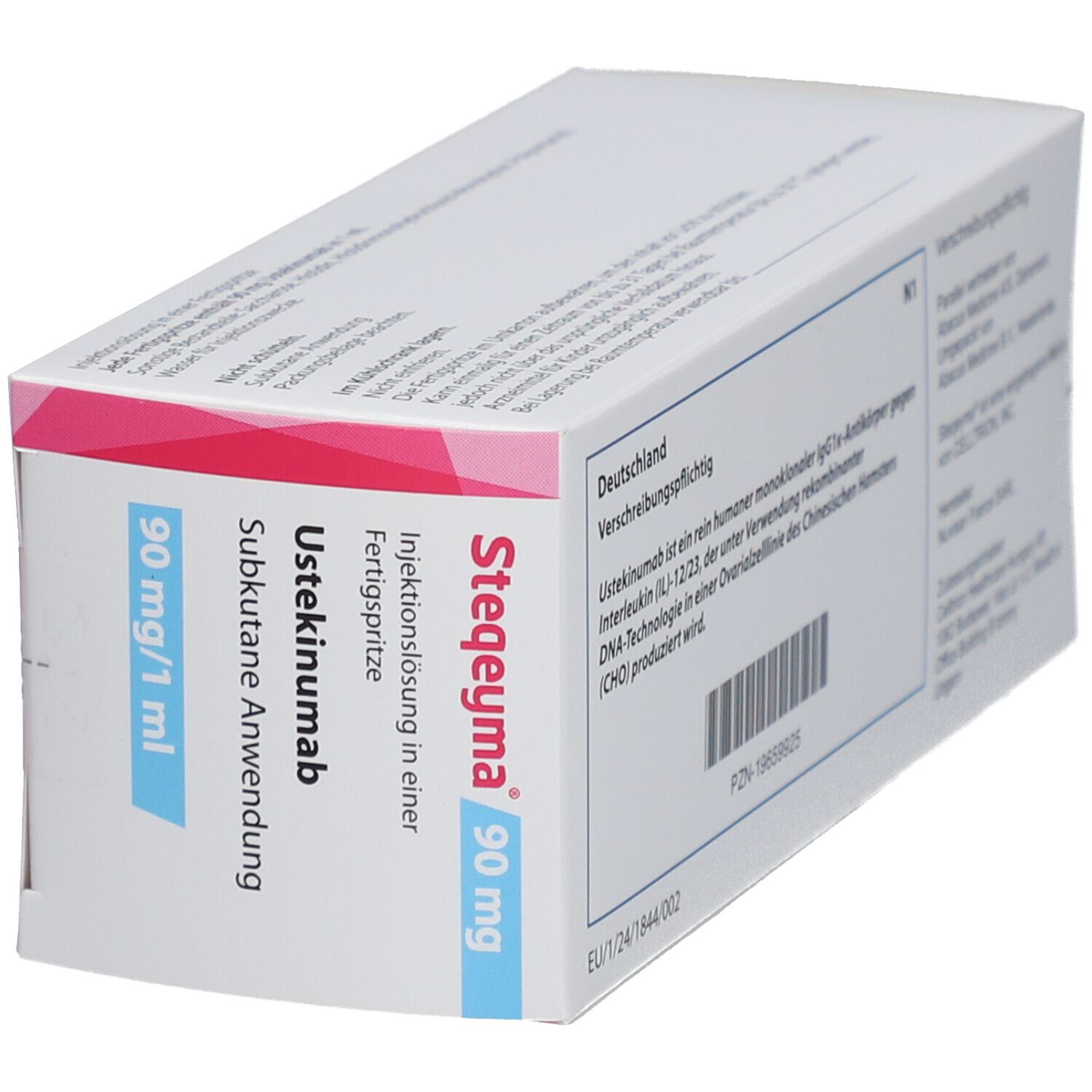 Schrägansicht der Steqeyma 90 mg Verpackung. Text: Ustekinumab, subkutane Anwendung, 90 mg/1 ml. Rosa und blaue Akzente.