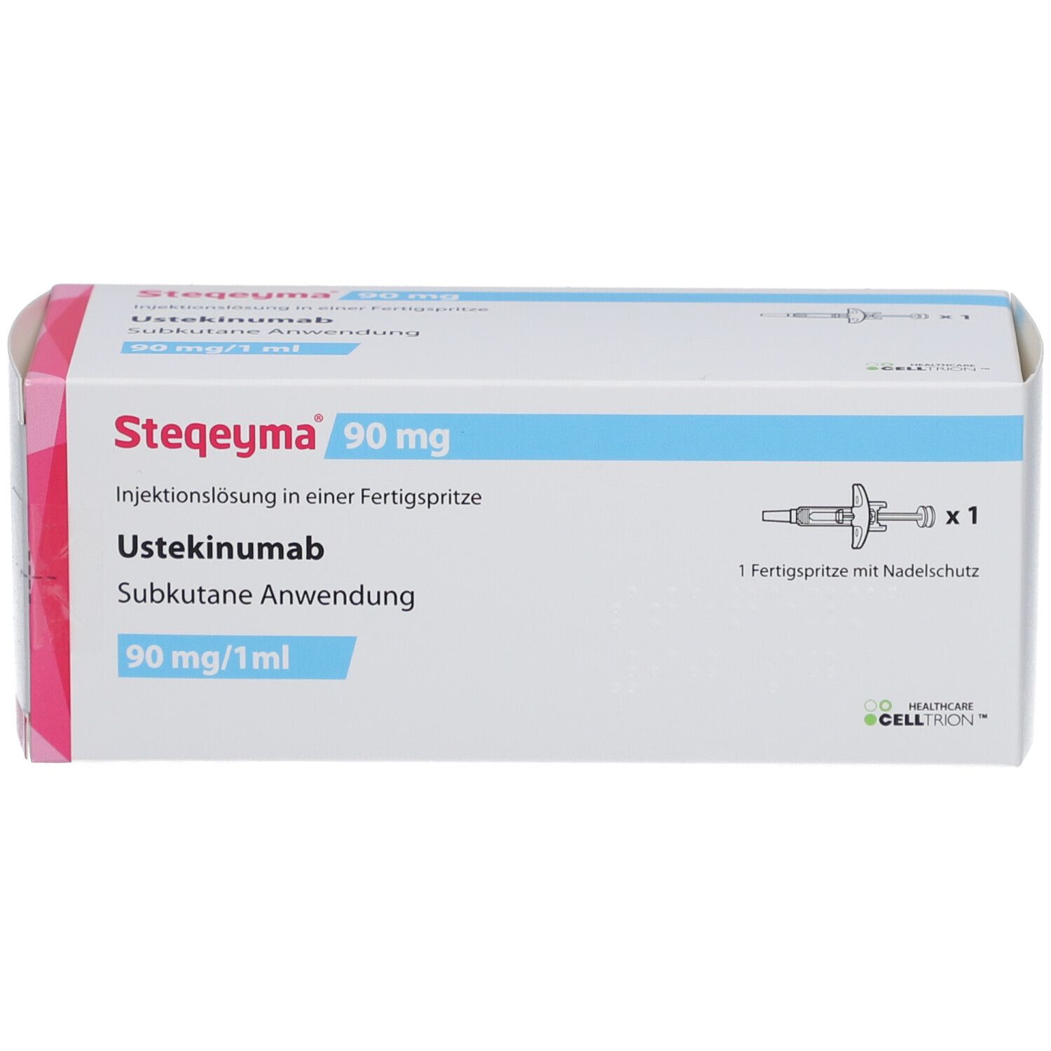 Steqeyma 90 mg Verpackung mit Fertigspritze. Text: Ustekinumab, subkutane Anwendung. Enthält eine Spritze mit Nadelschutz.